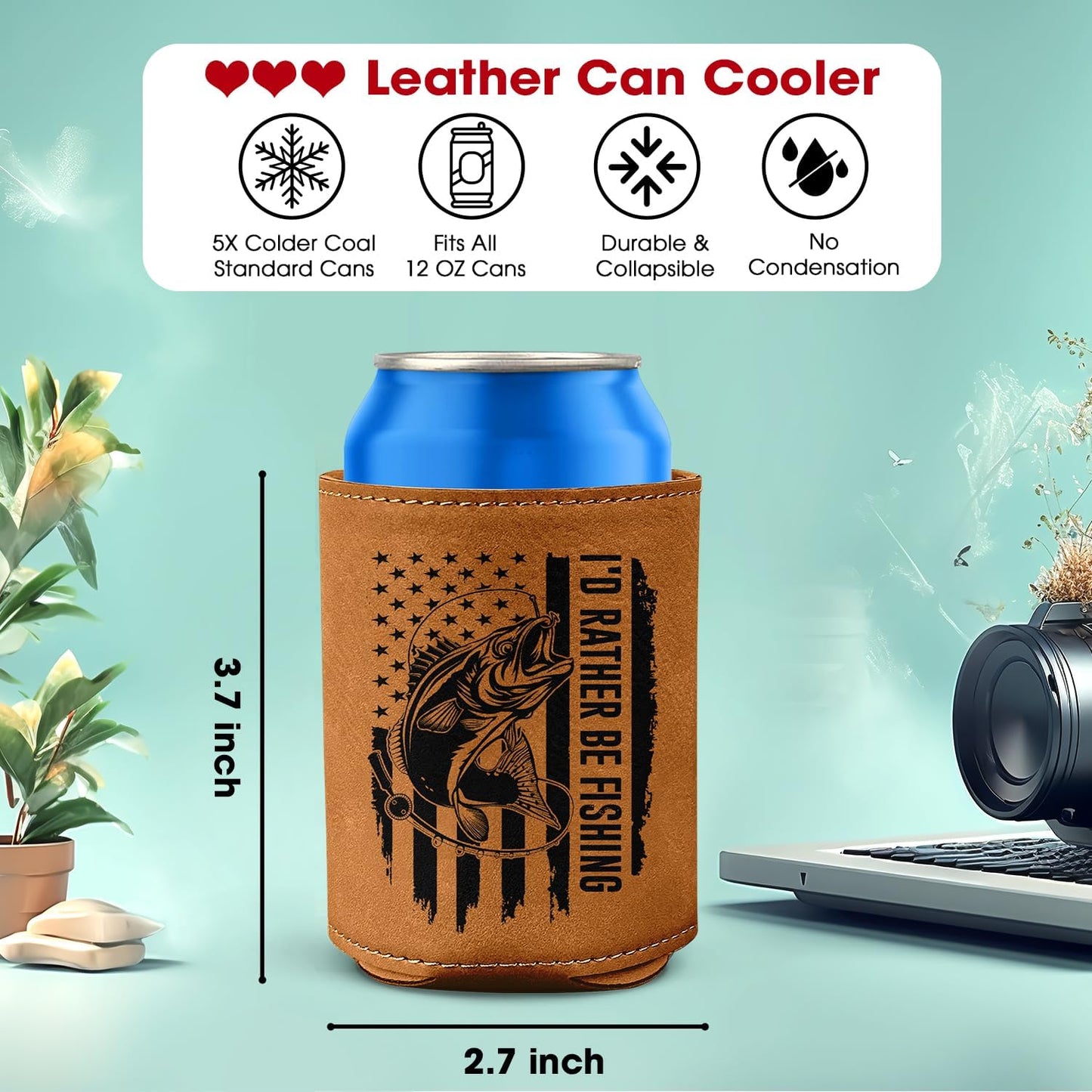 Fishing Gifts for Men – Leather Beer Can Cooler – Perfect Christmas, Birthday Gift for Fisherman – Fishing Present for Dad, Husband, or Friend – Durable Collapsible Leather Can Holder