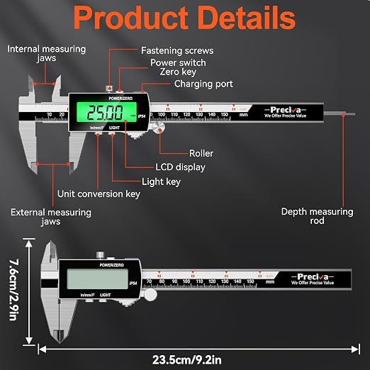 Preciva Backlight Digital Caliper, 6inch IP54 Waterproof Rechargeable