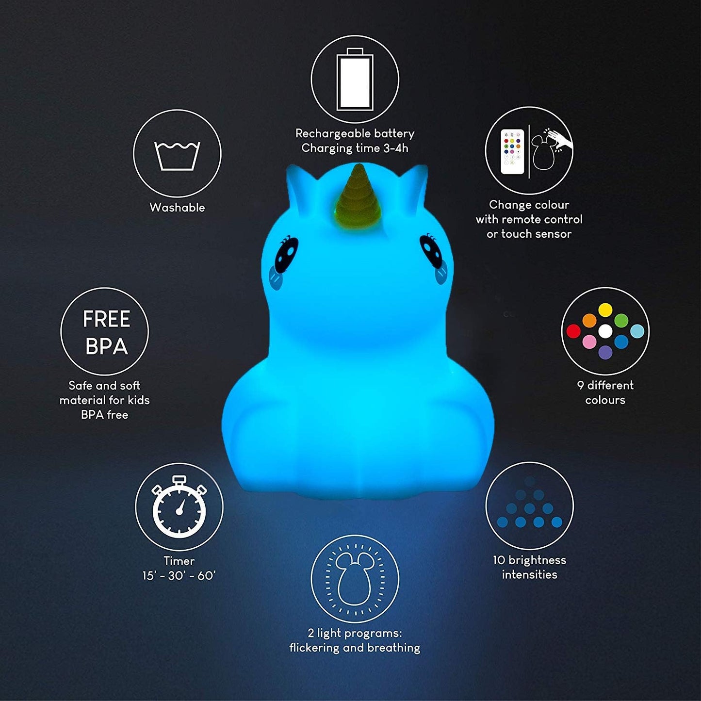 Night Lights Unicorn Nursery Lamp, Children Silicone Bedside Lighting Decorative Bedroom - Eye Caring, Adjustable Brightness & Color, Time Setting, Children's Gift Birthday Presents - Medium