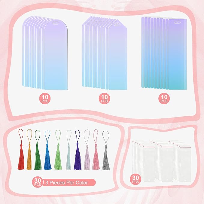 90Pcs Acrylic Bookmark Blanks Kit, 30 Set Iridescent Clear Acrylic Bookmarks
