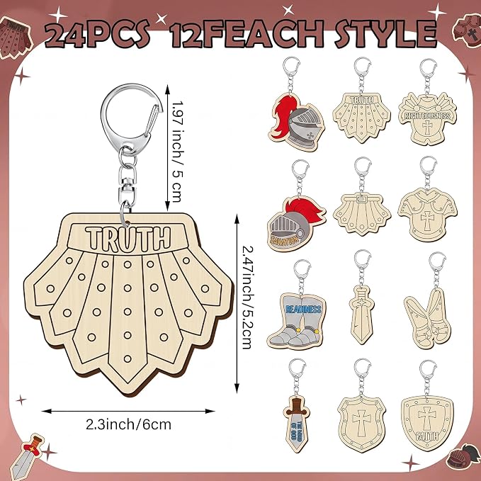 RattanView 24 Pcs Armor of God Crafts Color Your Own Keychains DIY Craft Wooden