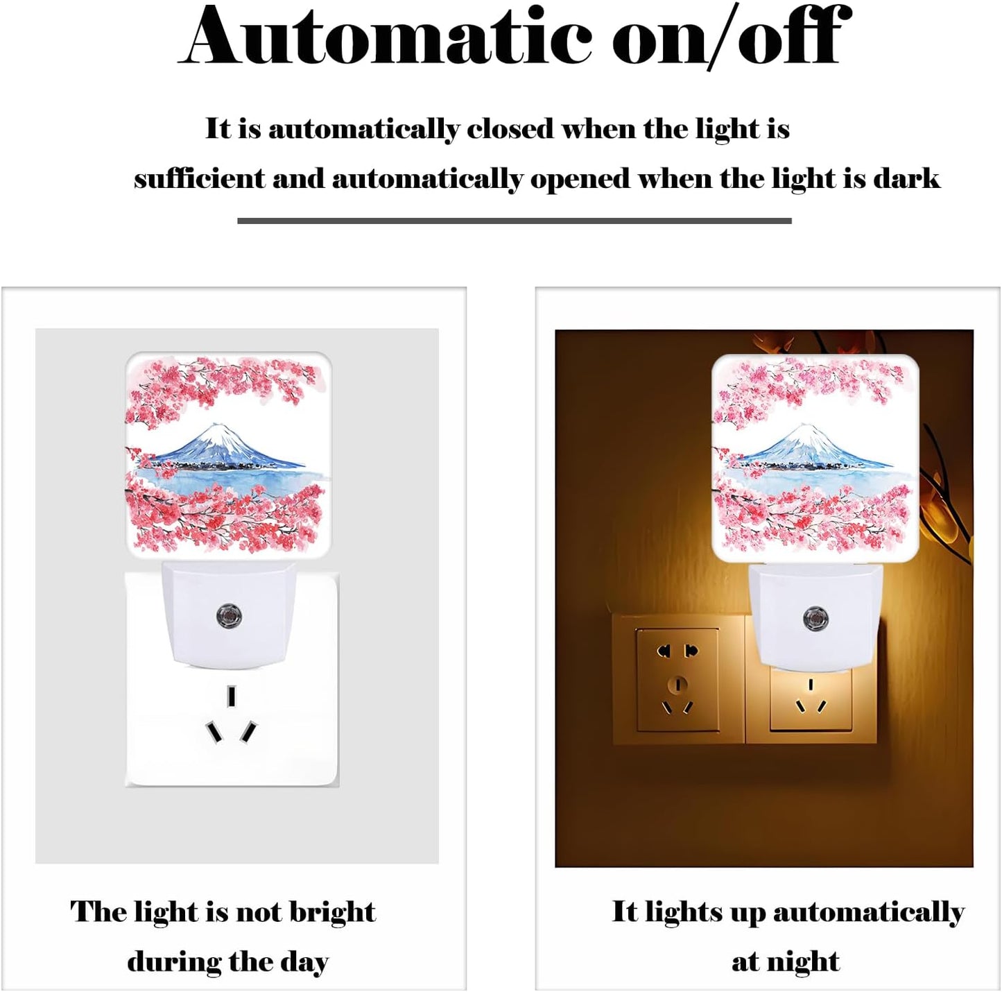 Cherry Blossoms Mount Fuji Night Light,Plug-in Night Lights with Dusk-to-Dawn Sensor for Stairway,Hallway,Bedroom Sleep Friendly Ideal for Women/Girls/Boys Gift,0.5w