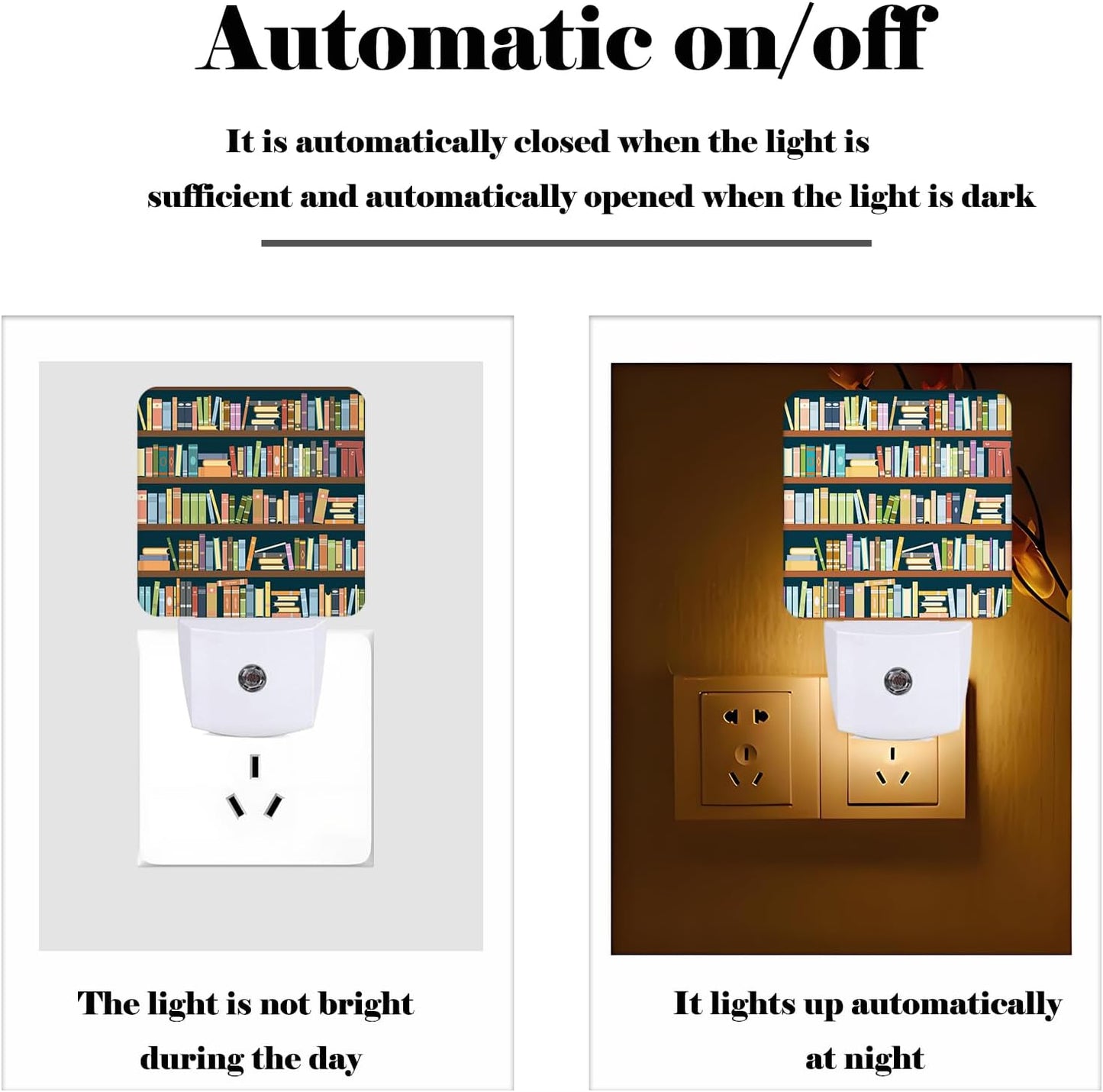 Bookshelves Full of Books Night Light,Plug-in Night Lights with Dusk to Dawn Sensor for Stairway,Hallway,Bedroom Sleep Friendly Ideal for Women/Girls/Boys Gift,0.5w