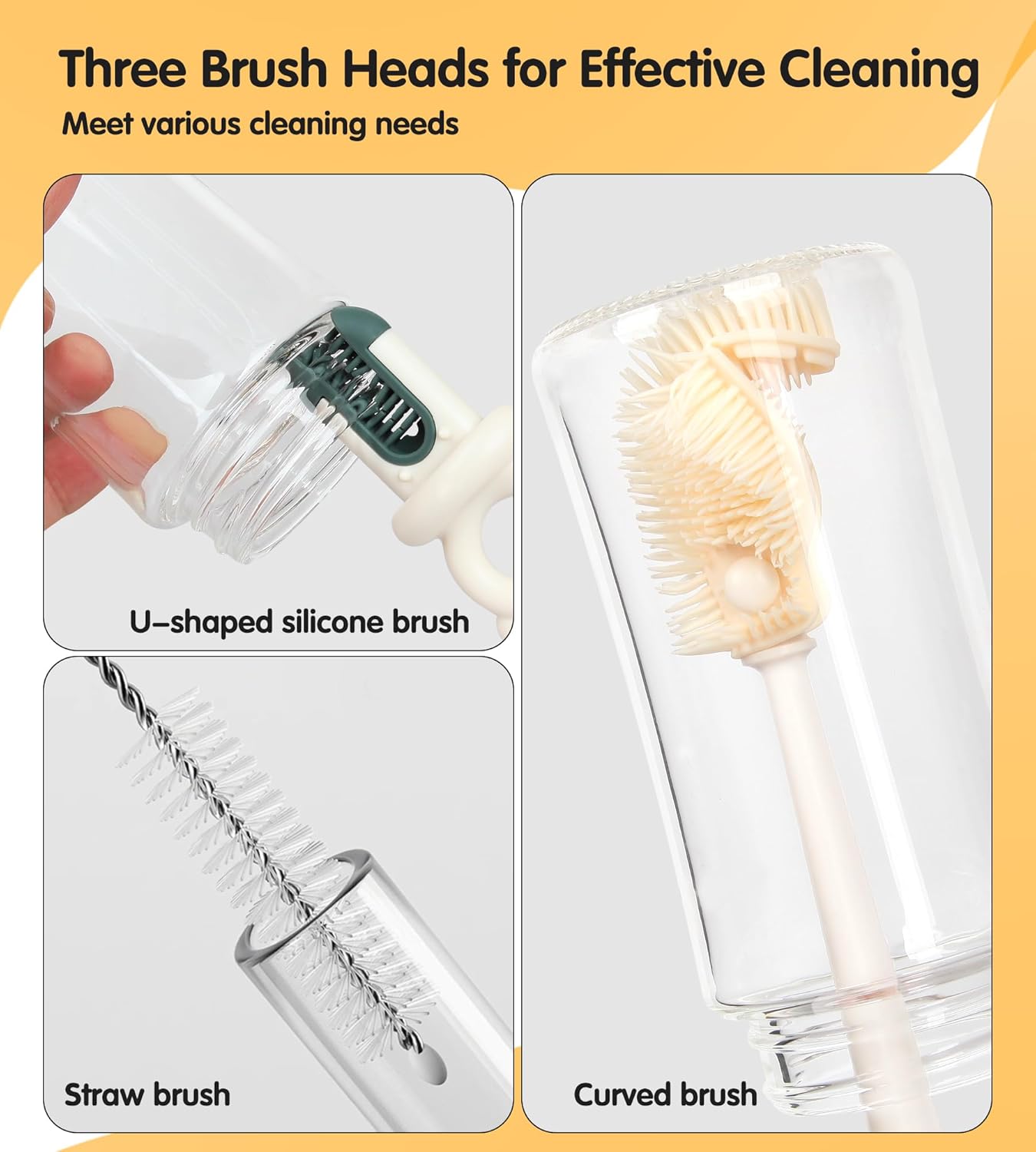 Long Handle Bottle Cleaning Brush Set, 4-in-1 Silicone Baby Bottle Cleaner Brush Kit, Multifunctional Water Bottles Washer for Travel, Baby Bottles, Breast Pump, Spout, Nipple & Straw