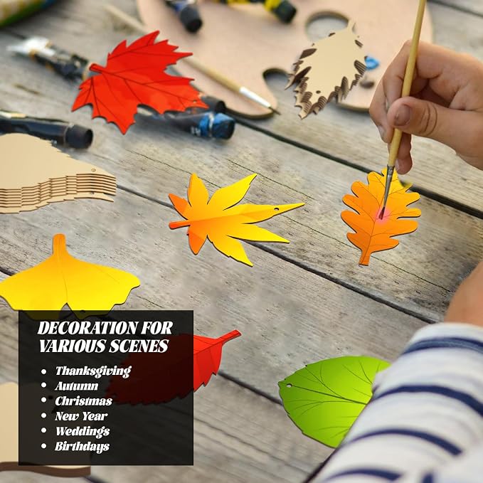 Subacy 80 PCS Unfinished Wood Cutouts 8 Styles DIY Wooden Crafts, Autumn Maple
