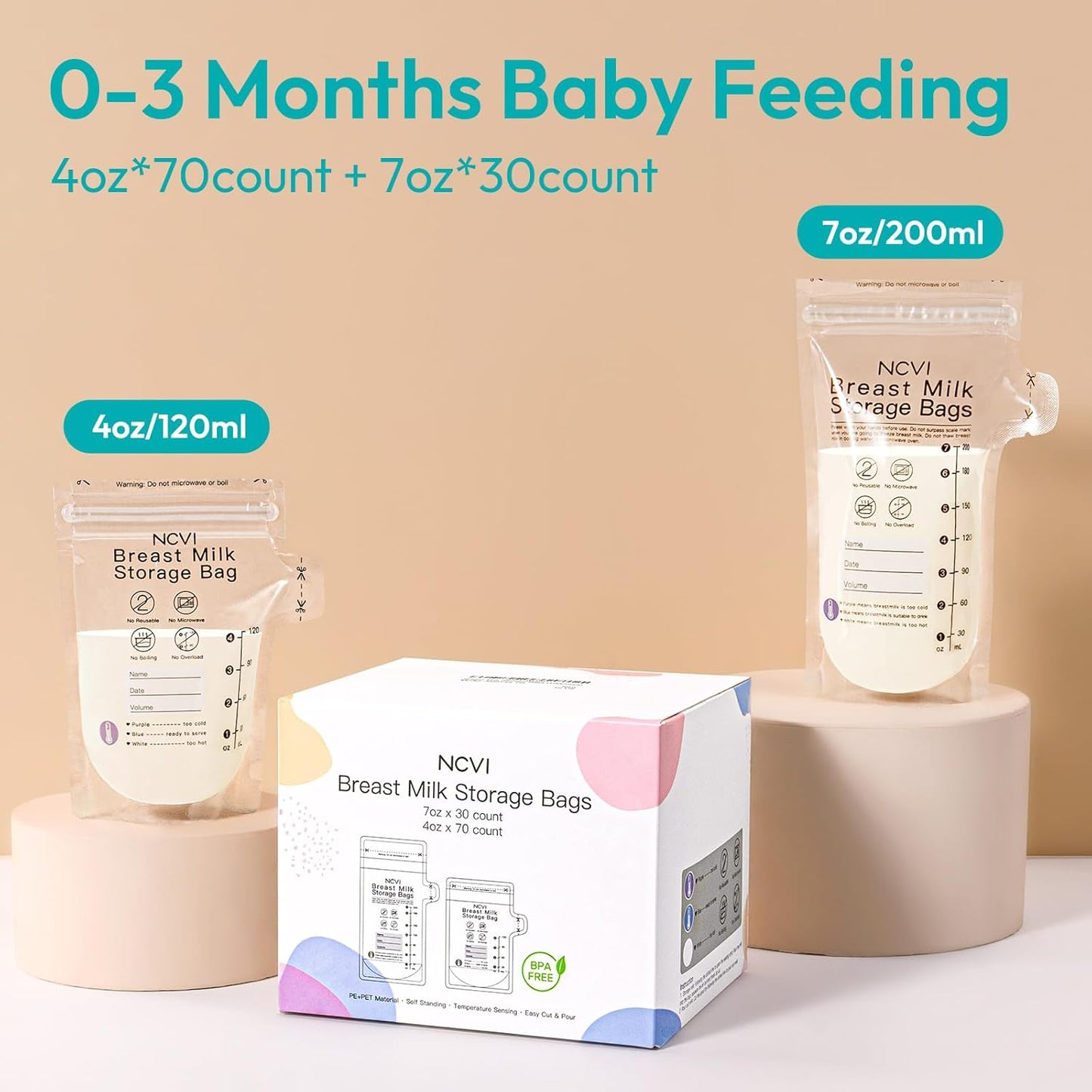 NCVI 4+7 oz Breastmilk Storage Bag Freezer for 0-3 Months, Breast Milk Feeding Bag with Temp-Sensing, Doubled-Sealed, Self Standing, Easy Pour Spout, BPA-Free, 4oz(70count)+7oz(30count)