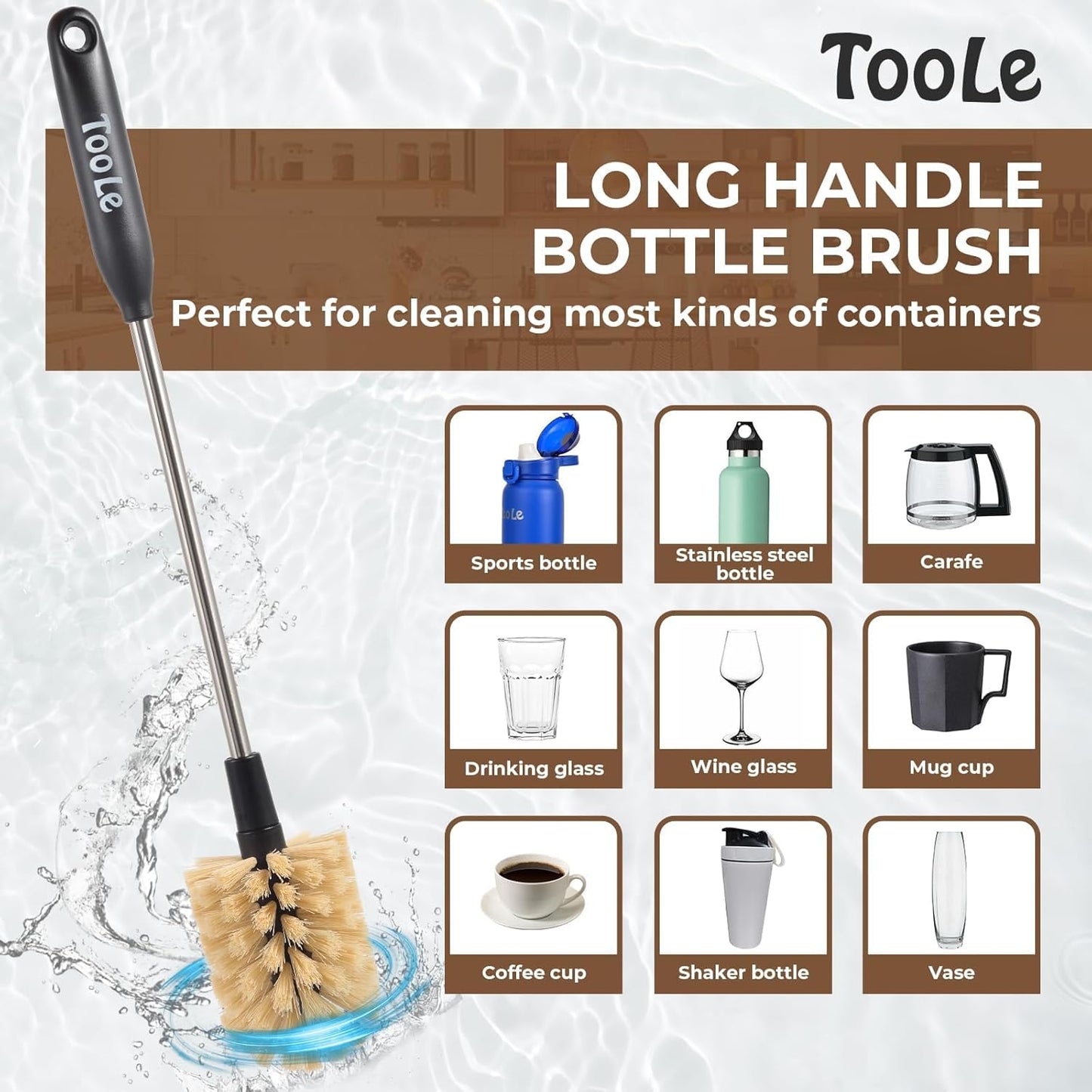 4-in-1 Water Bottle Brush Cleaner, Bottle Brush & Straw Cleaner Brush, Long Handle Water Bottle Scrubbing Brush with Replacement Brush Head for Narrow Bottle,Coffee Mugs,Tumblers,Straws, Lid Cleaning