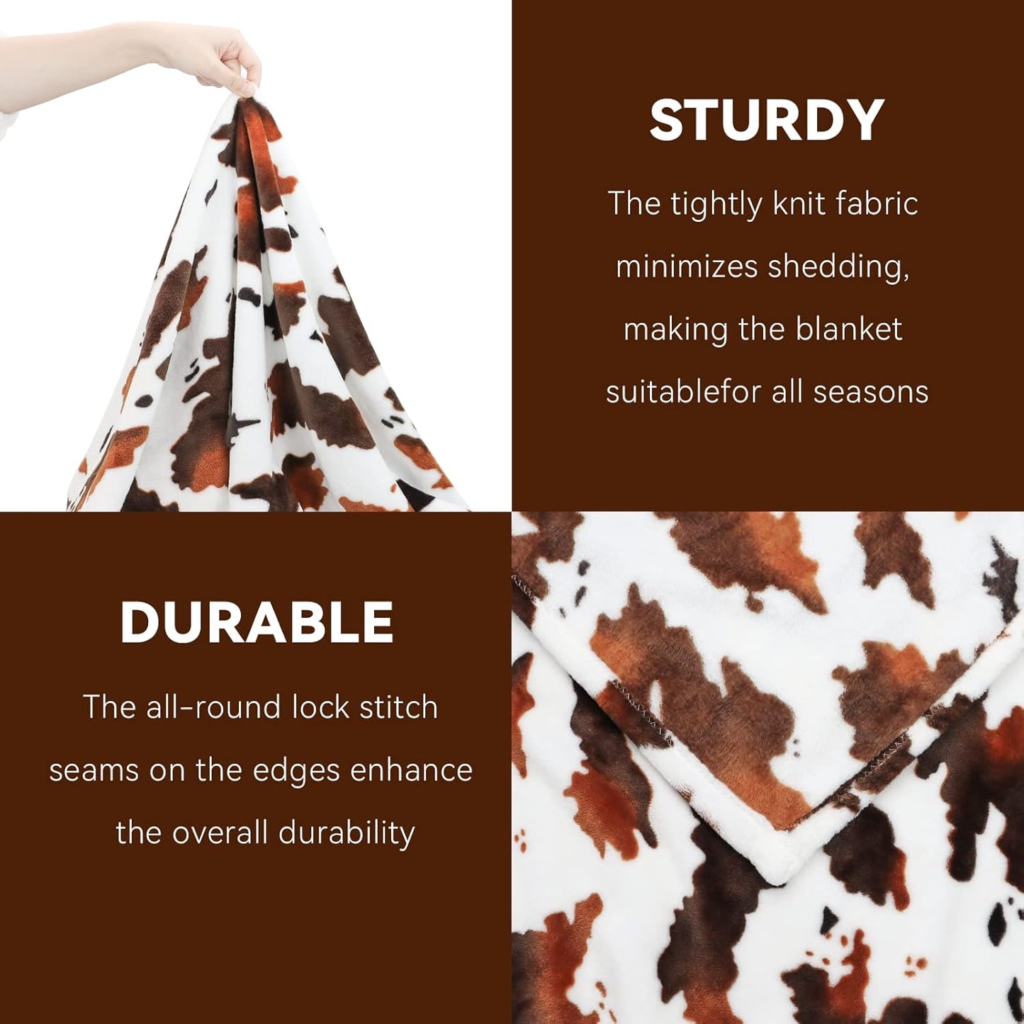 GEULAY Cow Print Fleece Blanket - Brown White Plush Throw, Lightweight Bed Couch Decor, Cute Cow Gifts for Women, Girls, Teens 50"x60"