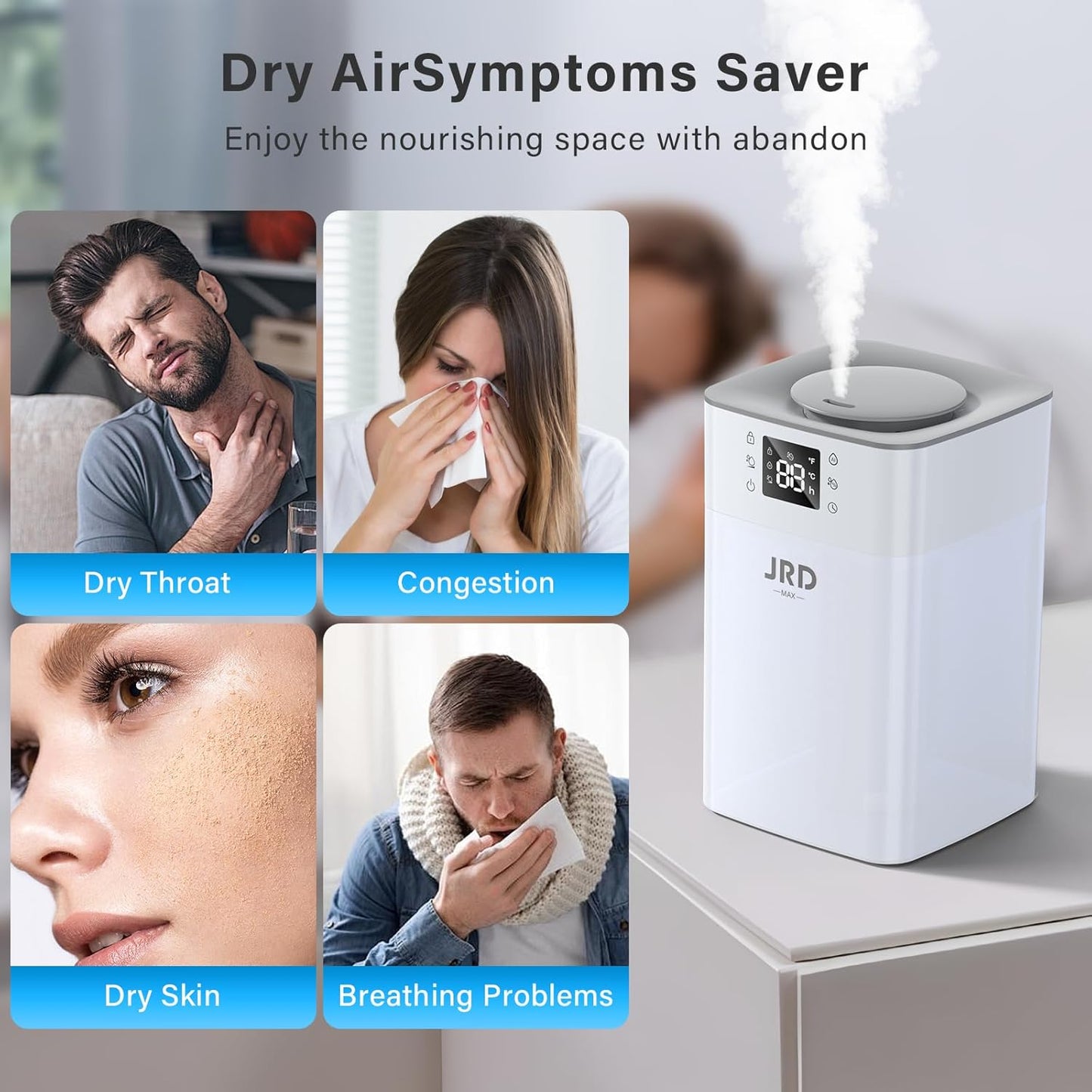 JRD 4L Humidifiers for Bedroom, Cool Mist Humidifier for Large Room, 40H Runtime, 360° Nozzle, Night Light for home