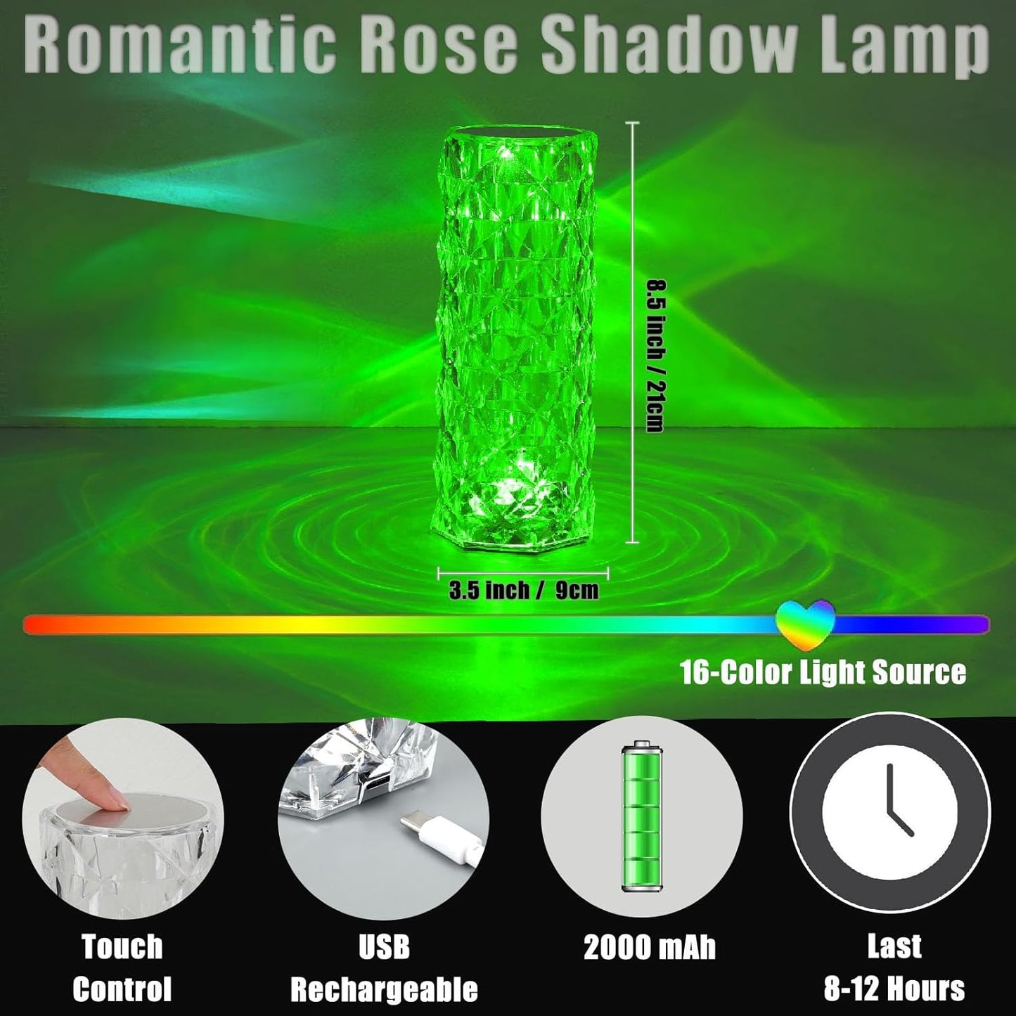 Crystal Lamp Touch, RGB 16 Colors Changing Night Light with Remote, Rechargeable Crystal Table Lamp Bedside Lamp, Rose Wave Diamond Night Light, Ambient Lighting for Bedroom/Game Room/Dinning Room
