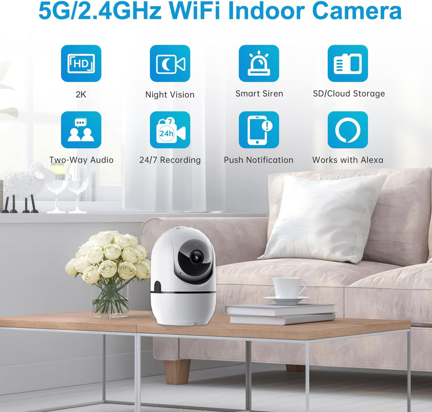 Indoor Security Camera, 5G&2.4G WiFi Security Cameras Indoor for Home Security, Pan/Tilt Baby Monitor/Dog/Pet Camera with Phone App Motion Sensor & Night Vision. TF/CloudStorage (2Pack)