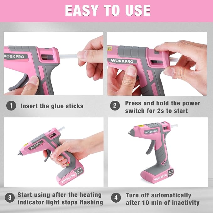 WORKPRO Pink Cordless Hot Melt Glue Gun, 7.2V Rechargeable Fast Preheating Glue