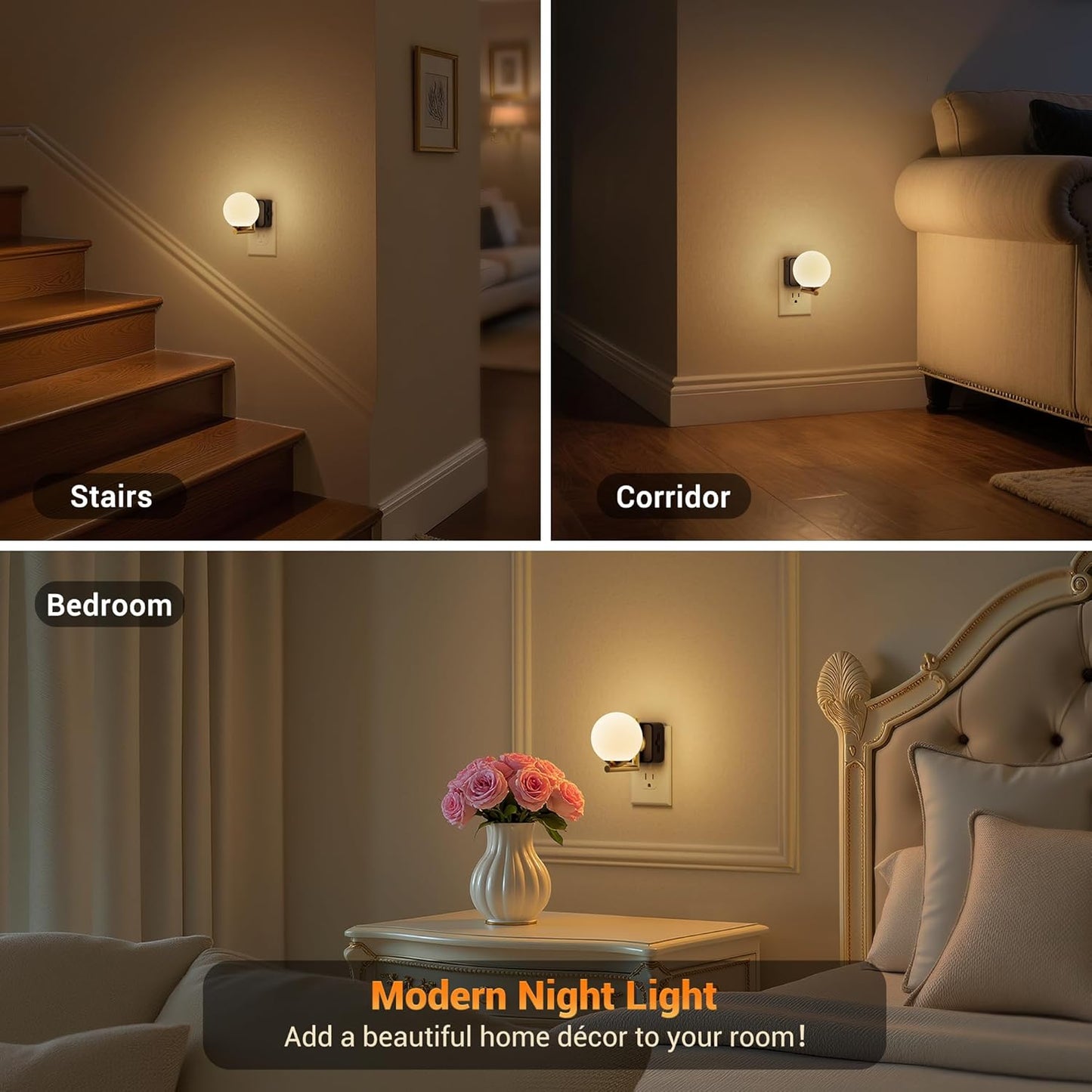 JandCase LED Night Light, 3000K Warm Night Lights Plug into Wall, 0-100LM Dimmable Night Lights with Dusk to Dawn Light Sensor, 180° Rotatable Plug in Nightlights for Bathroom, Bedroom, Hallway