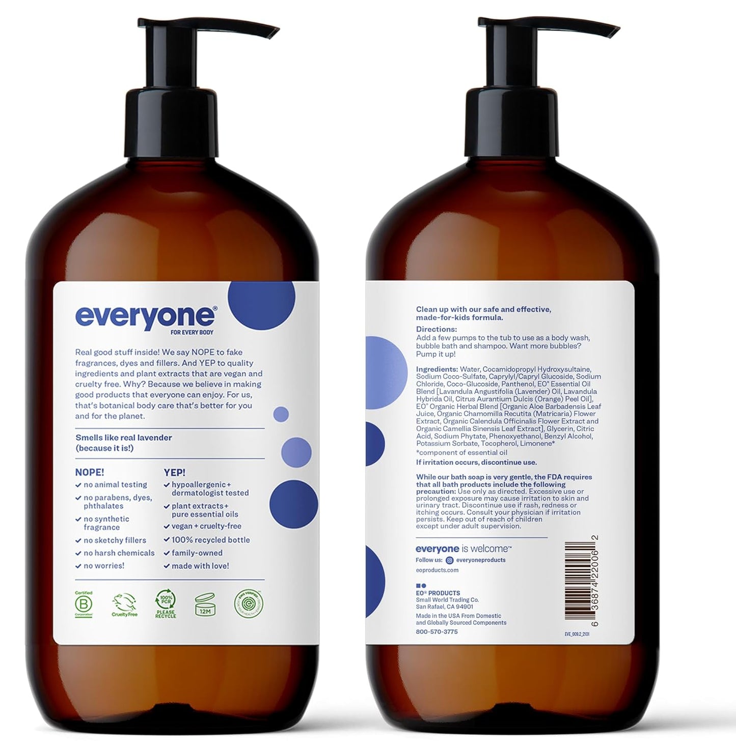 Everyone 3-in-1 Kids Soap, Body Wash, Bubble Bath, Shampoo, 32 Ounce (Pack of 2), Lavender Lullaby, made with Essential Oils for Toddlers, tweens and teens