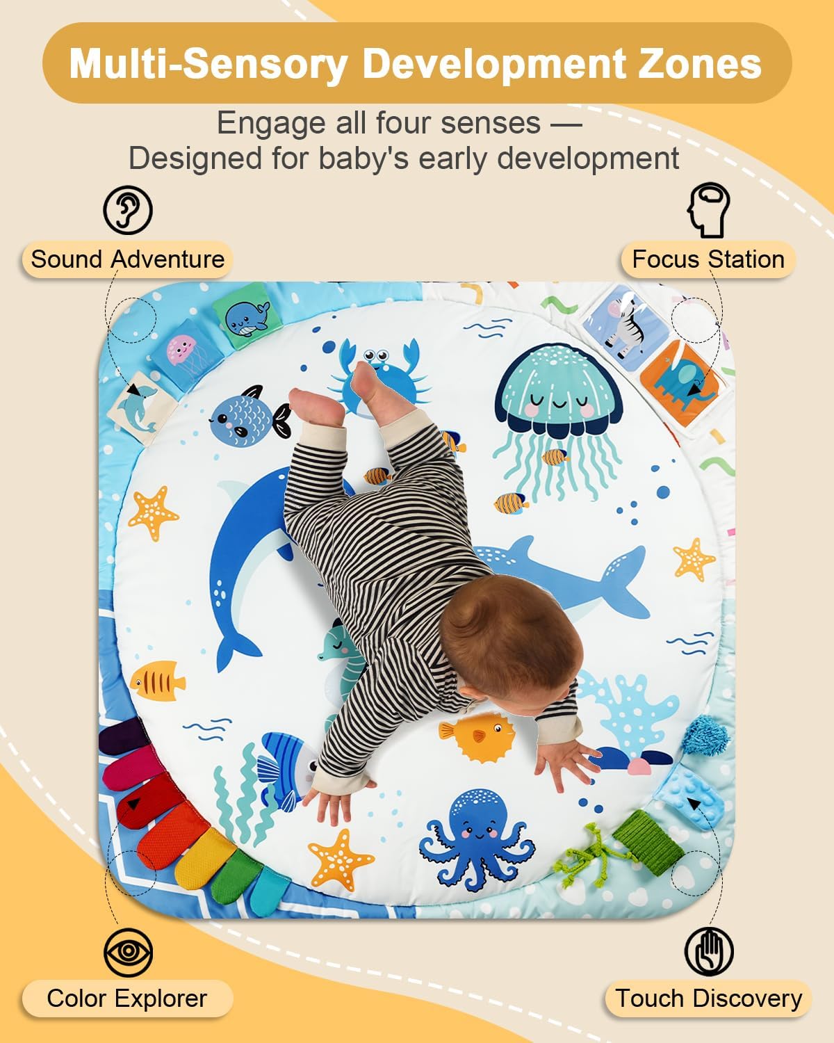 Baby Play Gym with 4 Developmental Zones – Tummy Time Mat & Activity Mat with 6 Sensory Toys, Visual Cards & Pillow – Baby Essentials & Ideal Gift for Newborns
