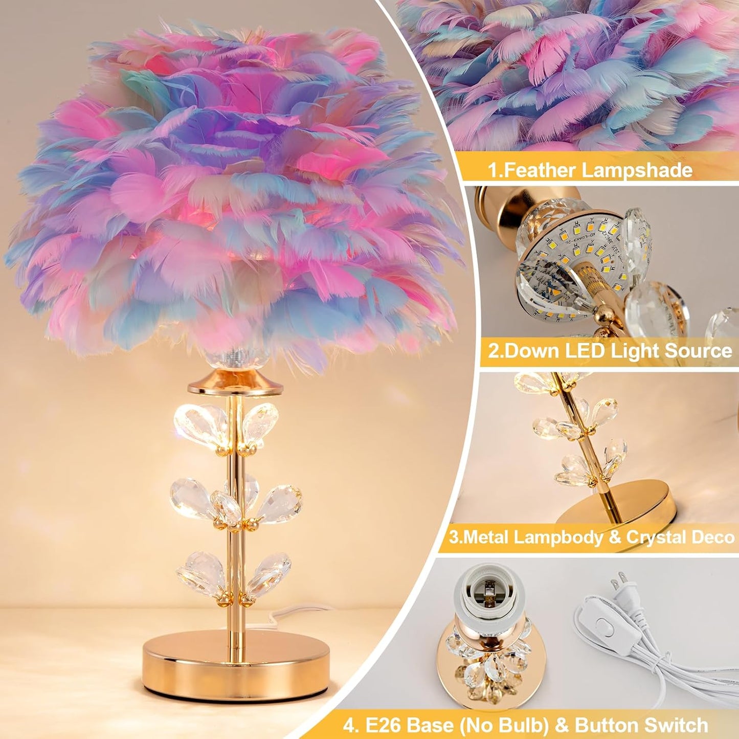 Colorful Feather Lamp Creative Furry Table Lamp Modern Feather Desk Lights Romantic Princess Bedside Nightstand Light for Teen Girls Bedroom Living Room Wedding Entryway Office