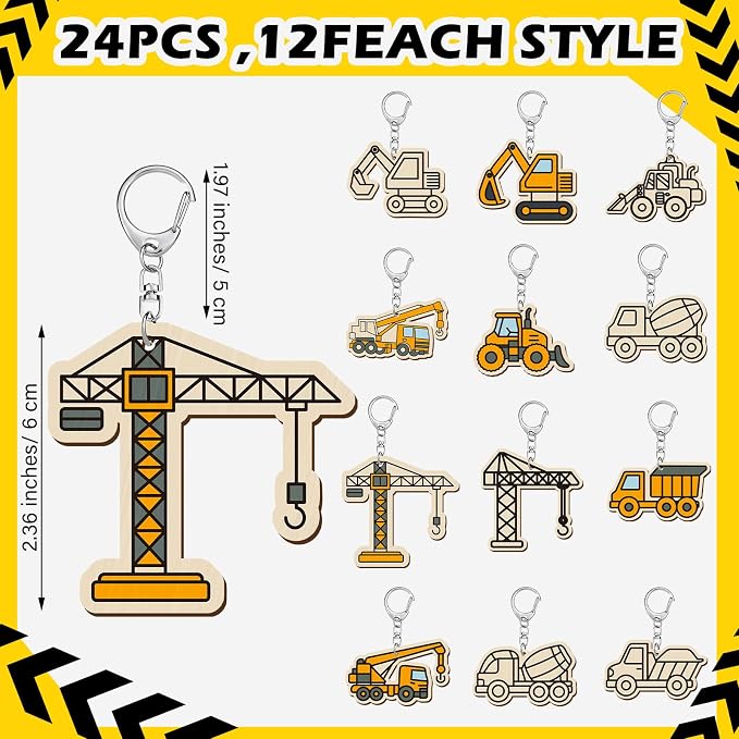 RattanView 24 Pcs Construction Vehicle Craft Color Your Own Keychains Diy Craft