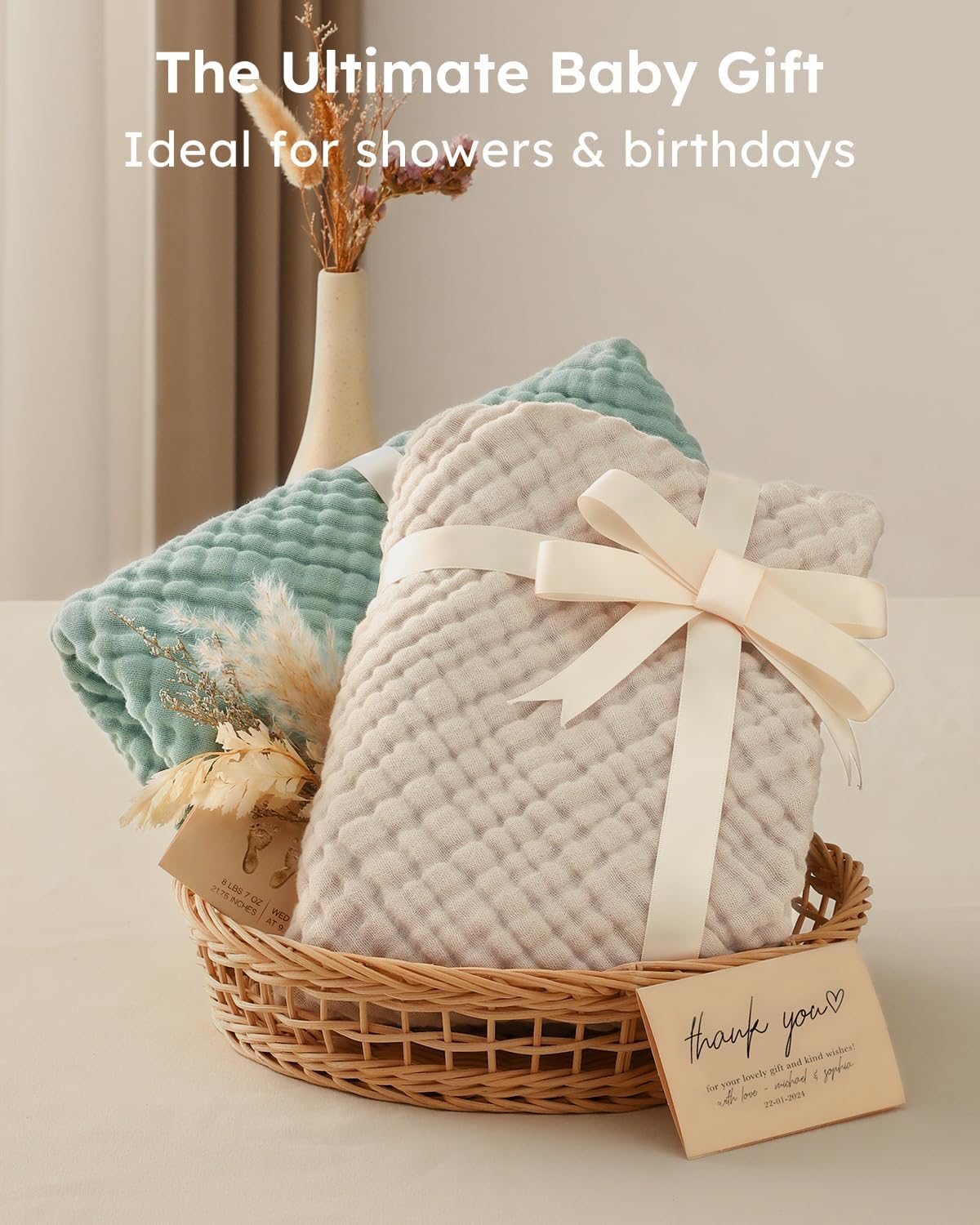 Yoofoss Hooded Baby Towels for Newborn 2 Pack 100% Muslin Organic Cotton Baby Bath Towel with Hood for Babies, Infant, Toddler and Kids, 37.5“x37.5“, Soft and Absorbent Newborn Essential,Apricot&Green