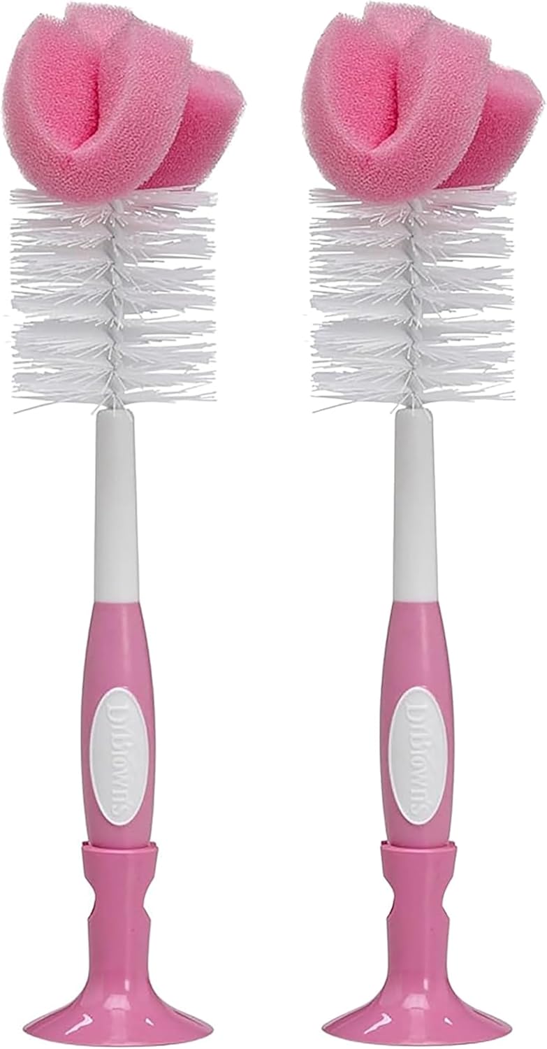 Dr. Brown's Reusable Sponge Baby Bottle Cleaning Brush with Suction Cup Stand, Scrubber and Nipple Cleaner, Pink 2-Pack