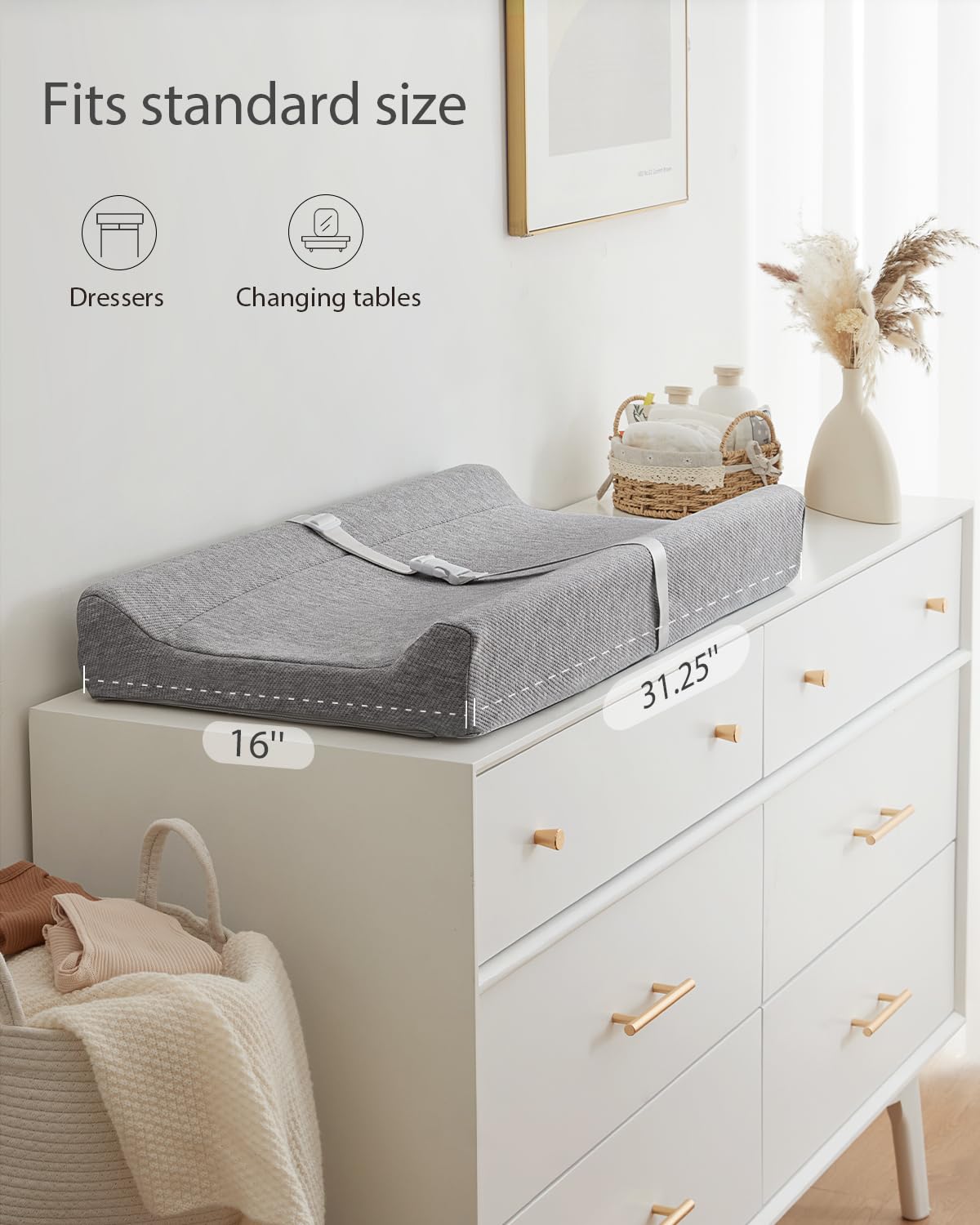 Blissful Diary Baby Changing Pad with Waterproof Lining Foam, Includes a Soft & Washable Cover, Contoured Changing Table Pads for Dresser Top with Non-Slip Bottom, 32”×16” (Grey, Rectangular)
