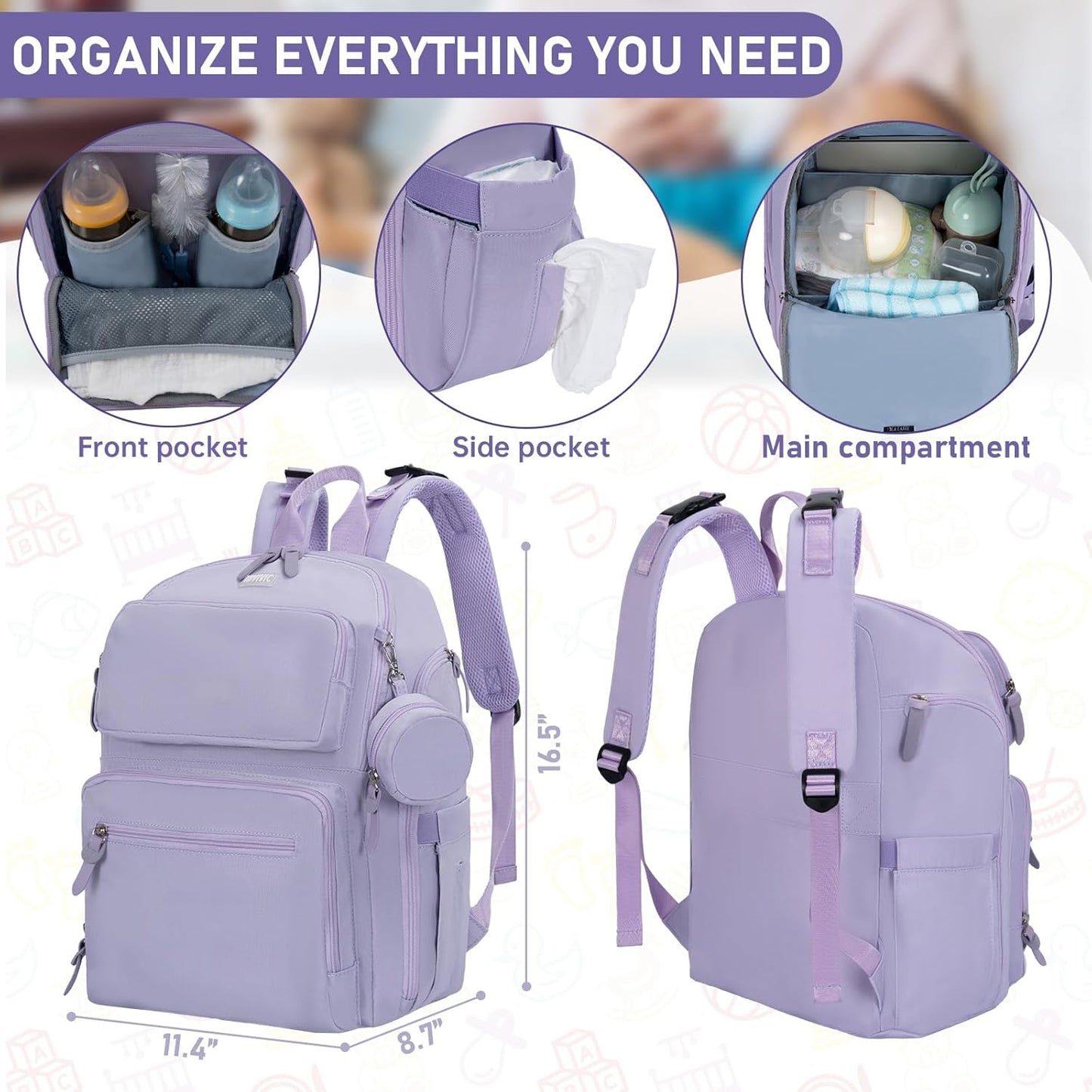 Diaper Bag Large Capacity Diaper Backpack Multi-Function Baby Diaper Bag For Dad And Mom With Insulated Pockets, Stroller Straps, Purple