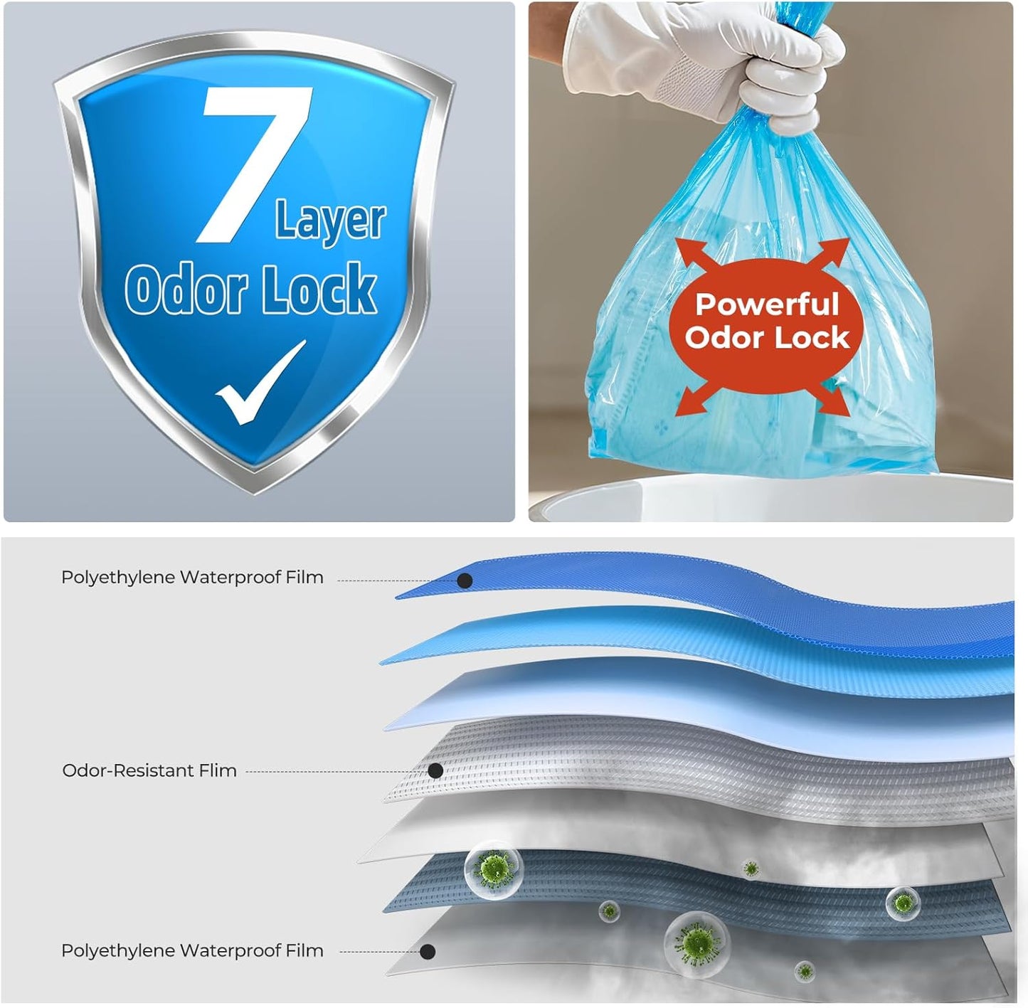Odor Sealing Disposable Diaper Bags with Tie Handle, 100 count, Large Capacity, Unscented & Durable Diaper Trash Bags for Home & Baby Travel Use (Color:Blue)