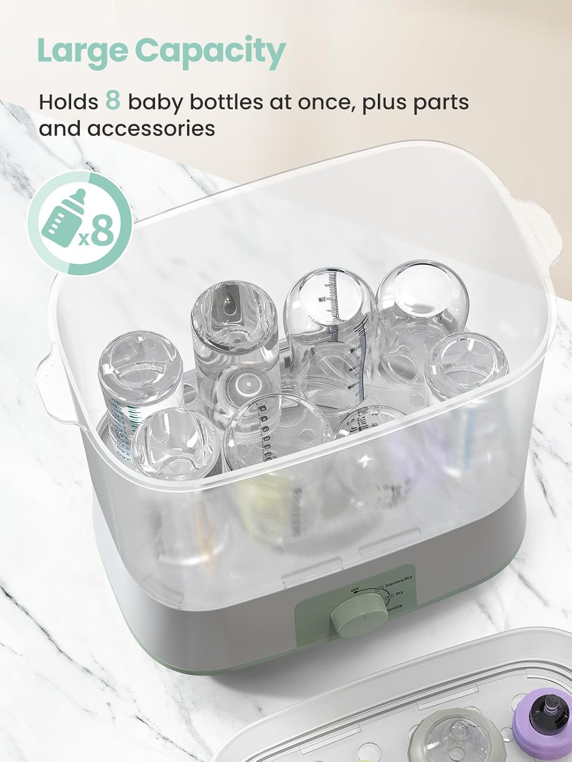 GROWNSY Adjustable 3 in 1 Large Bottle Sterilizer and Dryer, Electric Steam Baby Bottle Sterilizer, Bottle Sanitizer for Baby Bottles & Pacifiers, Breast Pump Parts Green