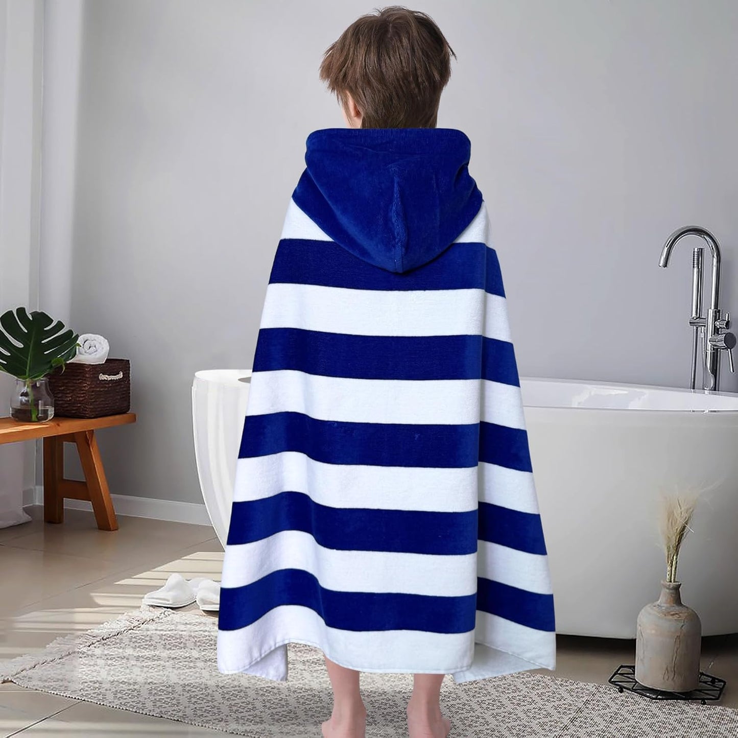 VOOVA & MOVAS Kids Beach Towel Wrap with Hood (3-10 Years, 30''x50'') - 100% Cotton Soft Absorbent Towel for Boys, Pool, Bath, Swimming & Beach - Blue Cabana Stripe Design