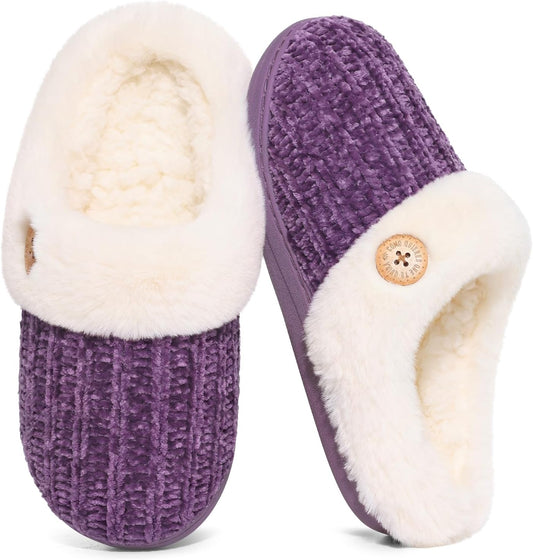 Evshine Warm Knit House Slippers for Women Comfy Wool-Like Lined Chenille Slippers with Memory Foam and Indoor Outdoor Soles