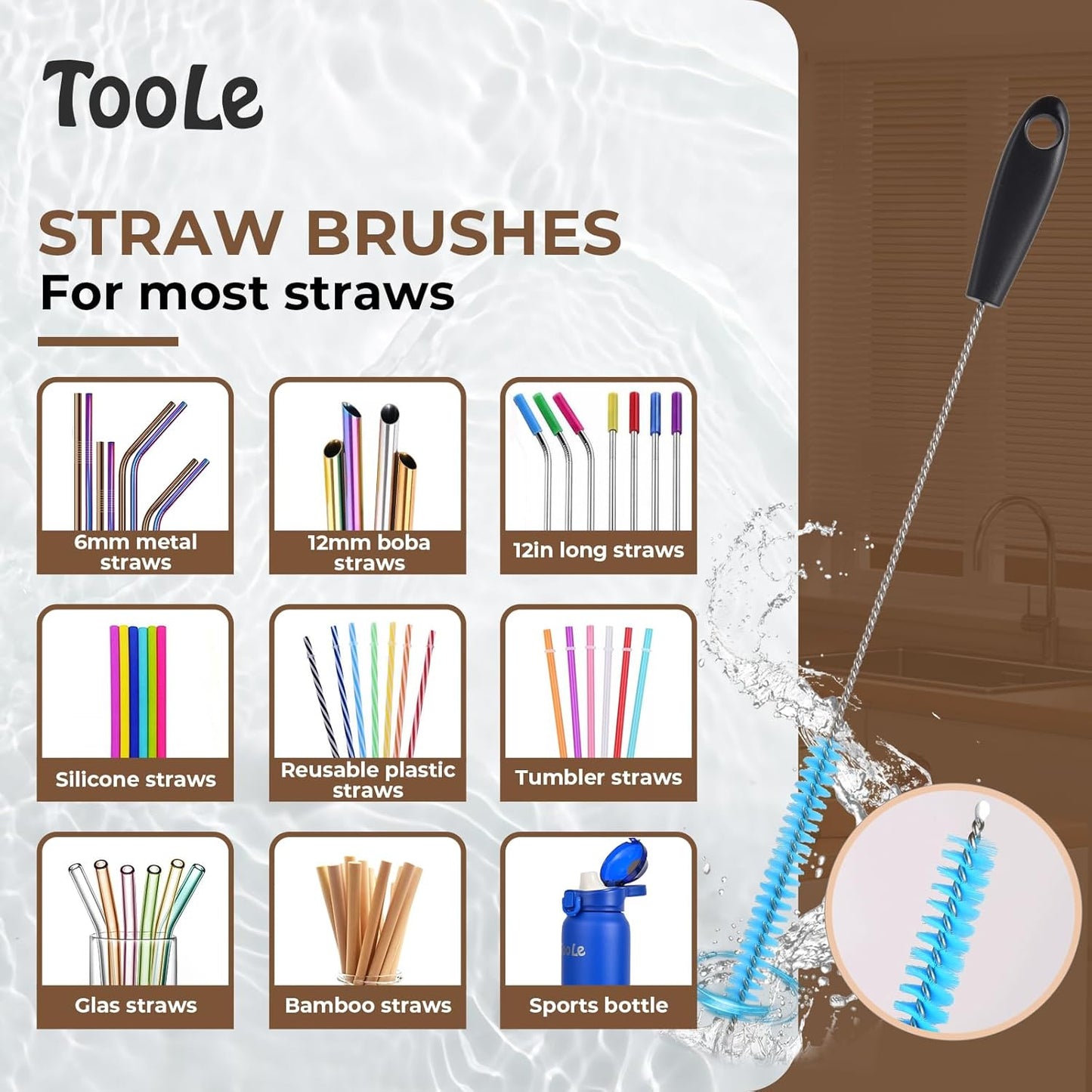 4-in-1 Water Bottle Brush Cleaner, Bottle Brush & Straw Cleaner Brush, Long Handle Water Bottle Scrubbing Brush with Replacement Brush Head for Narrow Bottle,Coffee Mugs,Tumblers,Straws, Lid Cleaning