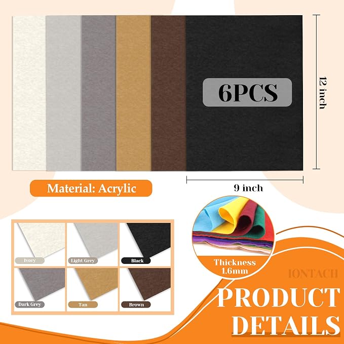 IONTACH 9" X 12" Soft Felt Sheets 1.6mm Thick | Felt Fabric