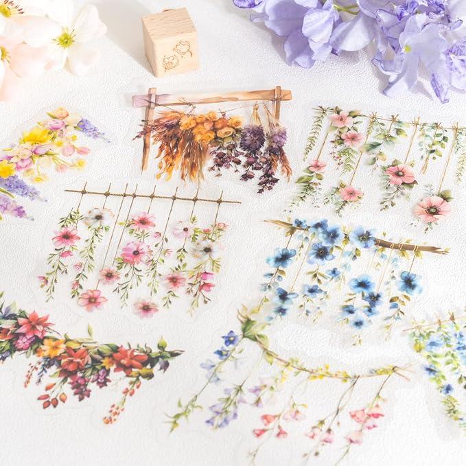 Hanging Floral PET Stickers Set, Journaling, DIY Crafts, and Art Supplies