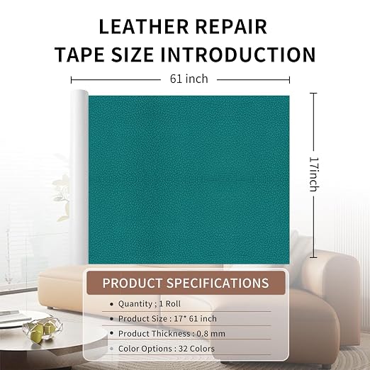 Leather Repair Patch Tape, Peacock Green 17 x 61 Inches Self Adhesive Leather