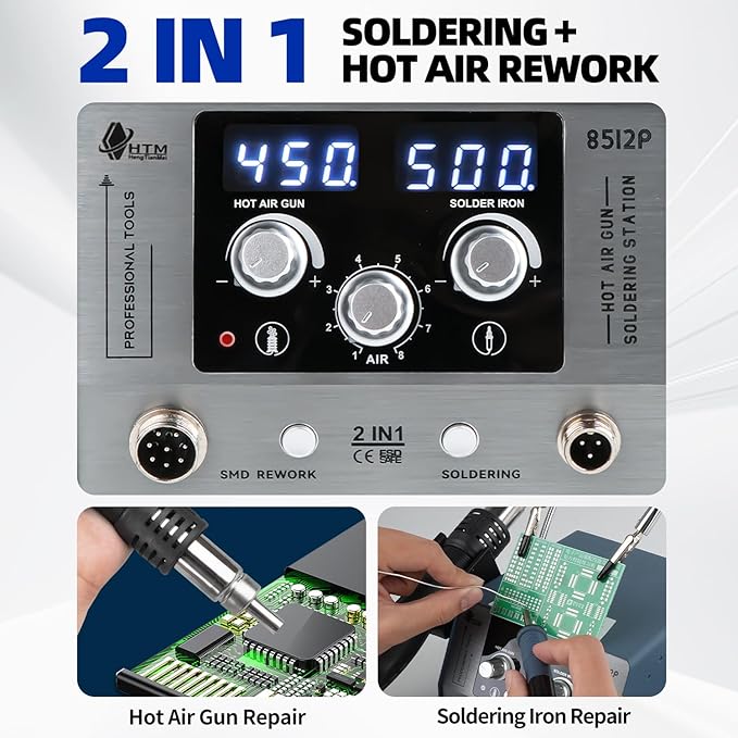 HengTianMei 720W Hot Air Soldering Station 2-IN-1 SMD Soldering Iron Station with 2 Helping Hands, 3 Soldering Tips, 5 Nozzles, Sleep Mode, Fast Heating, 392℉-932℉, for Electronics PCB Repair（8512P）