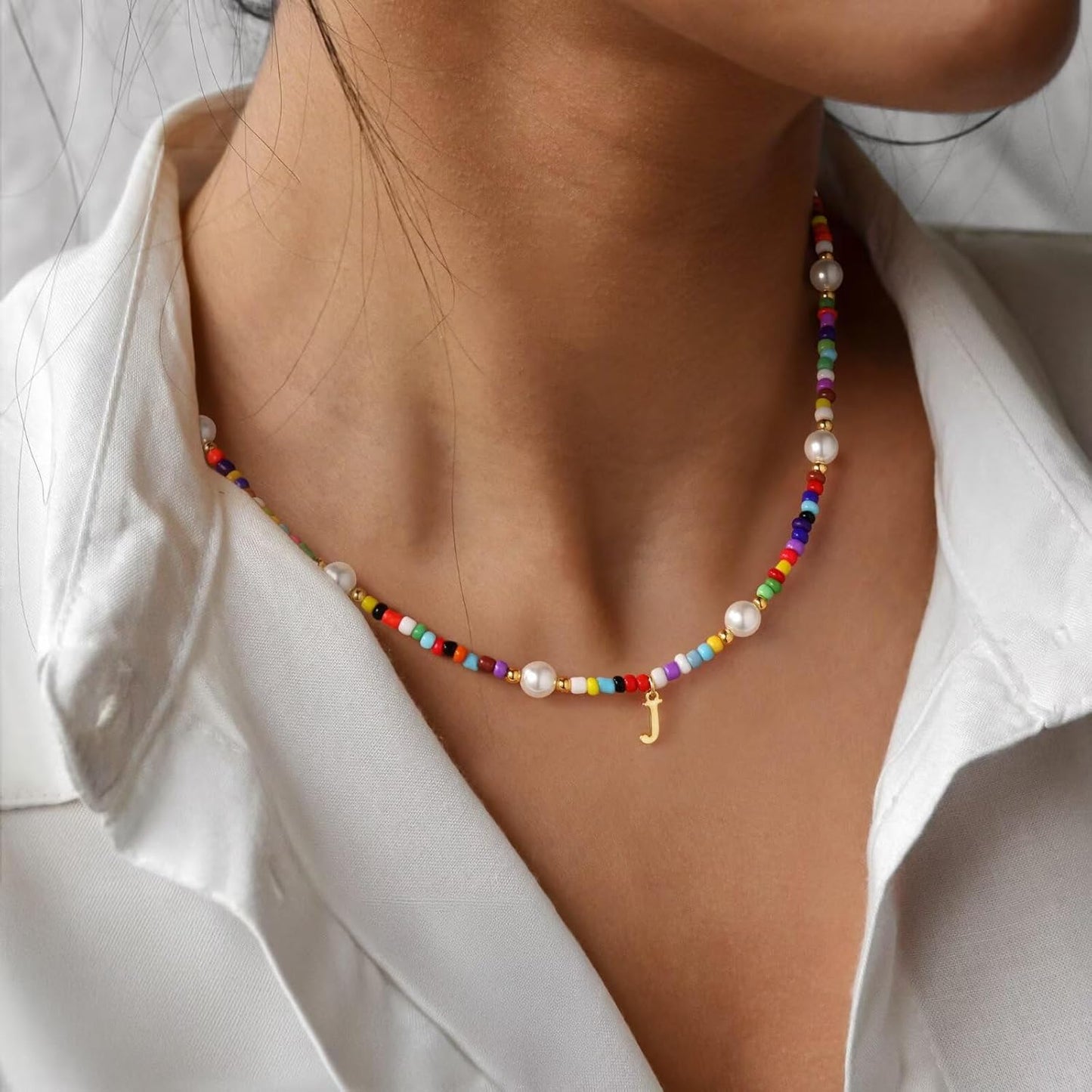M MOOHAM Colorful Initial Necklaces for Girls Women Kids - Christmas Stocking Stuffers Beaded Pearl Choker Necklace for Women Teen Girl Gifts Trendy Personalized Letter Birthday Gifts Kids Jewelry