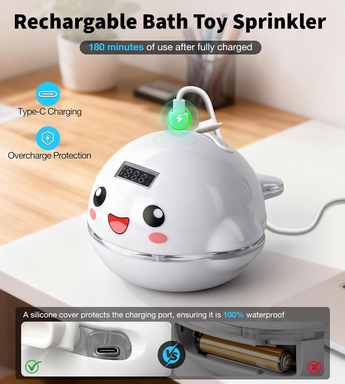 Baby Bath Toy Sprinkler with Thermometer, Temp Alarm & Backlit Display, BPA-Free | CPC Certified for Safety, Light Up Whale Bath Toy for Kids Ages 1-3, Bathtub Water Toys for Toddler, Newborn