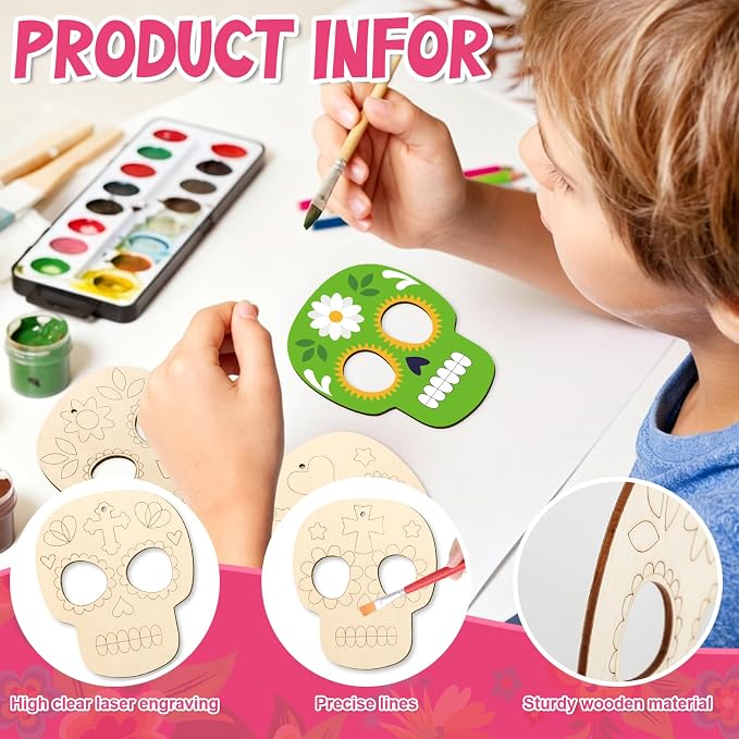 COCHIE Day of the Dead Skull Wood Crafts to Paint Set of 24, Día De Los Muertos