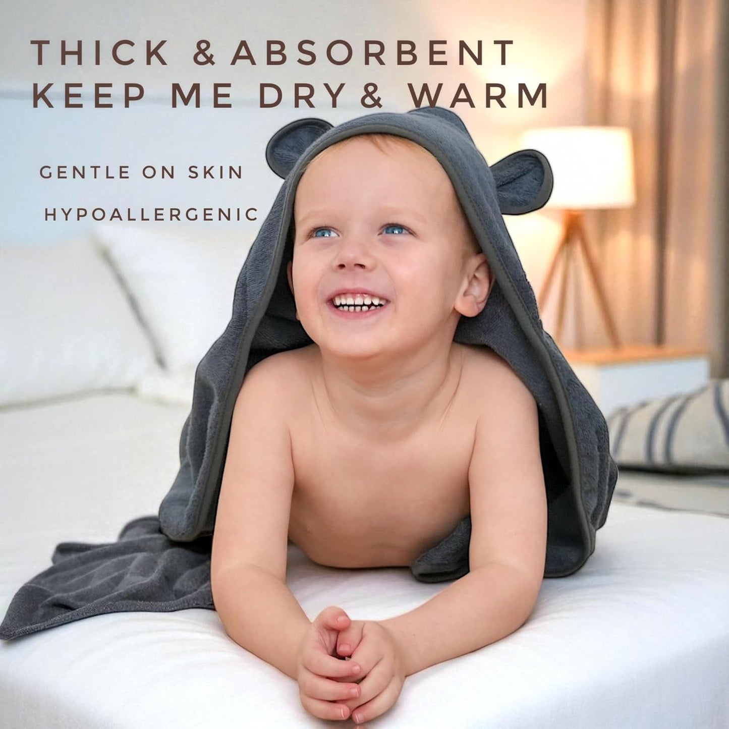 Organic Cotton Toddler Poncho Towel 33"x33" – Ultra-Soft Hooded Bath & Beach Towel with Bear Ears – Absorbent Kids Towel for Boys & Girls 0-5T, Premium for Pool, Bath & Travel (Grey)