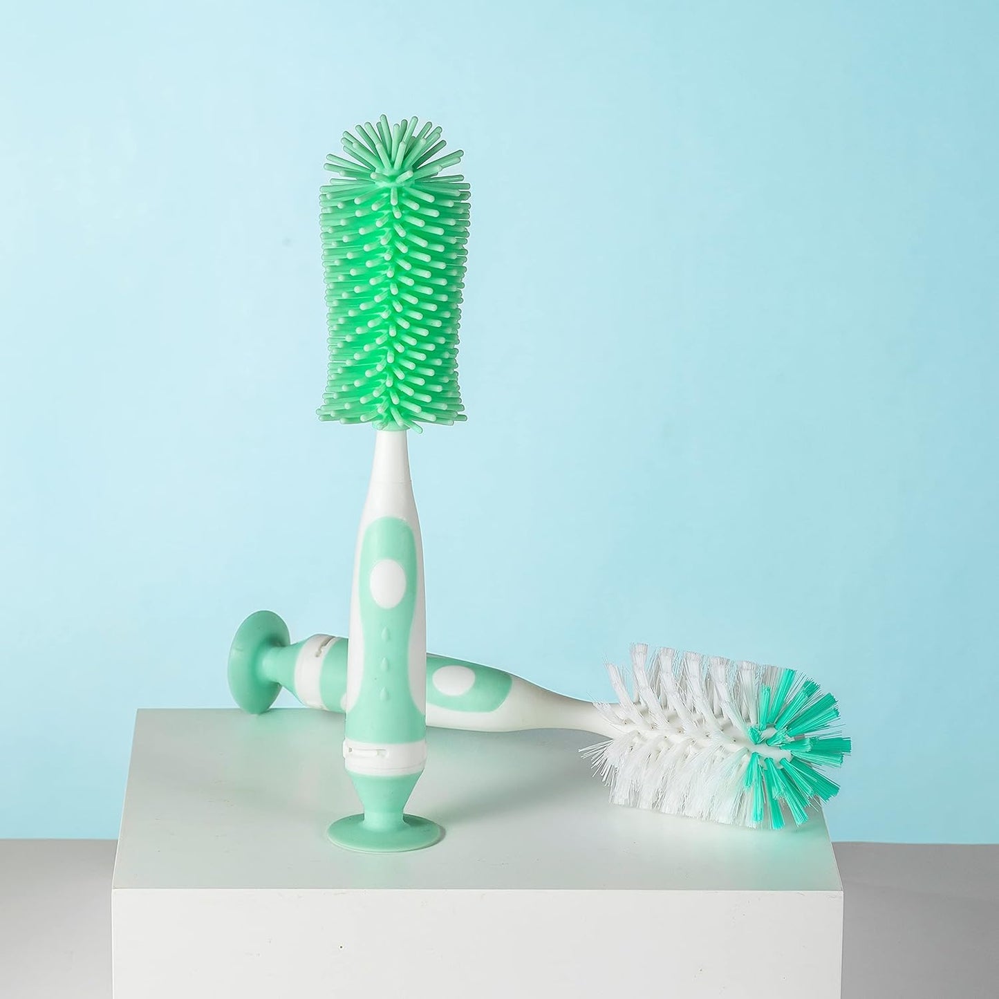 Chemimoso Multifunctional Cleaning Brush, Baby Bottle Brush, Bottle Brush Cleaner, Rotate The Suction Cup to Obtain The Small Bristle Brushes, Set Z, Green, Silicone and Nylon Brush