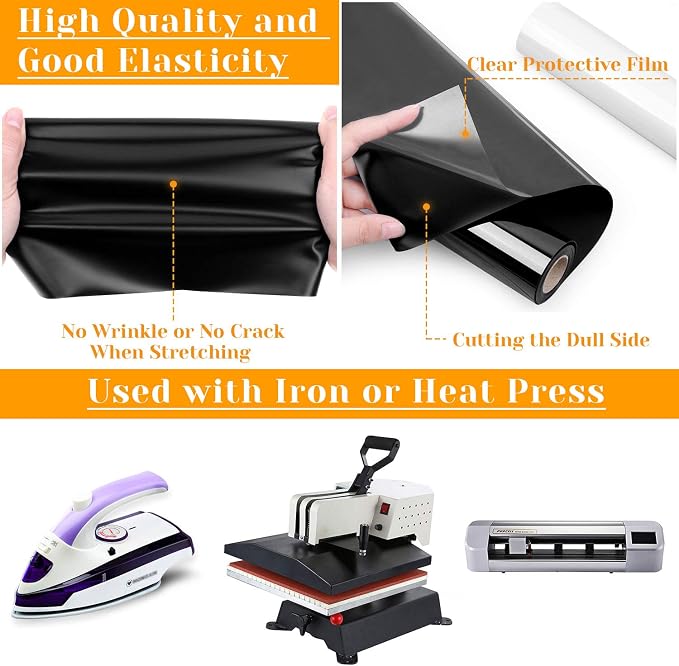 12" x 24ft Heat Transfer Vinyl Rolls, Flasoo 2 Rolls Black and White HTV Iron