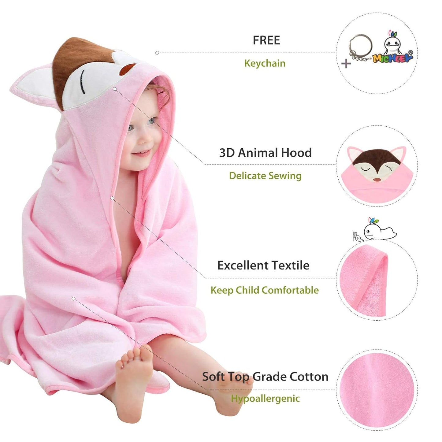 MICHLEY Unisex Baby Animal Hooded Bath Towel Soft Cotton Beach Swimming Bathrobe for 0-6T, Pink Fox