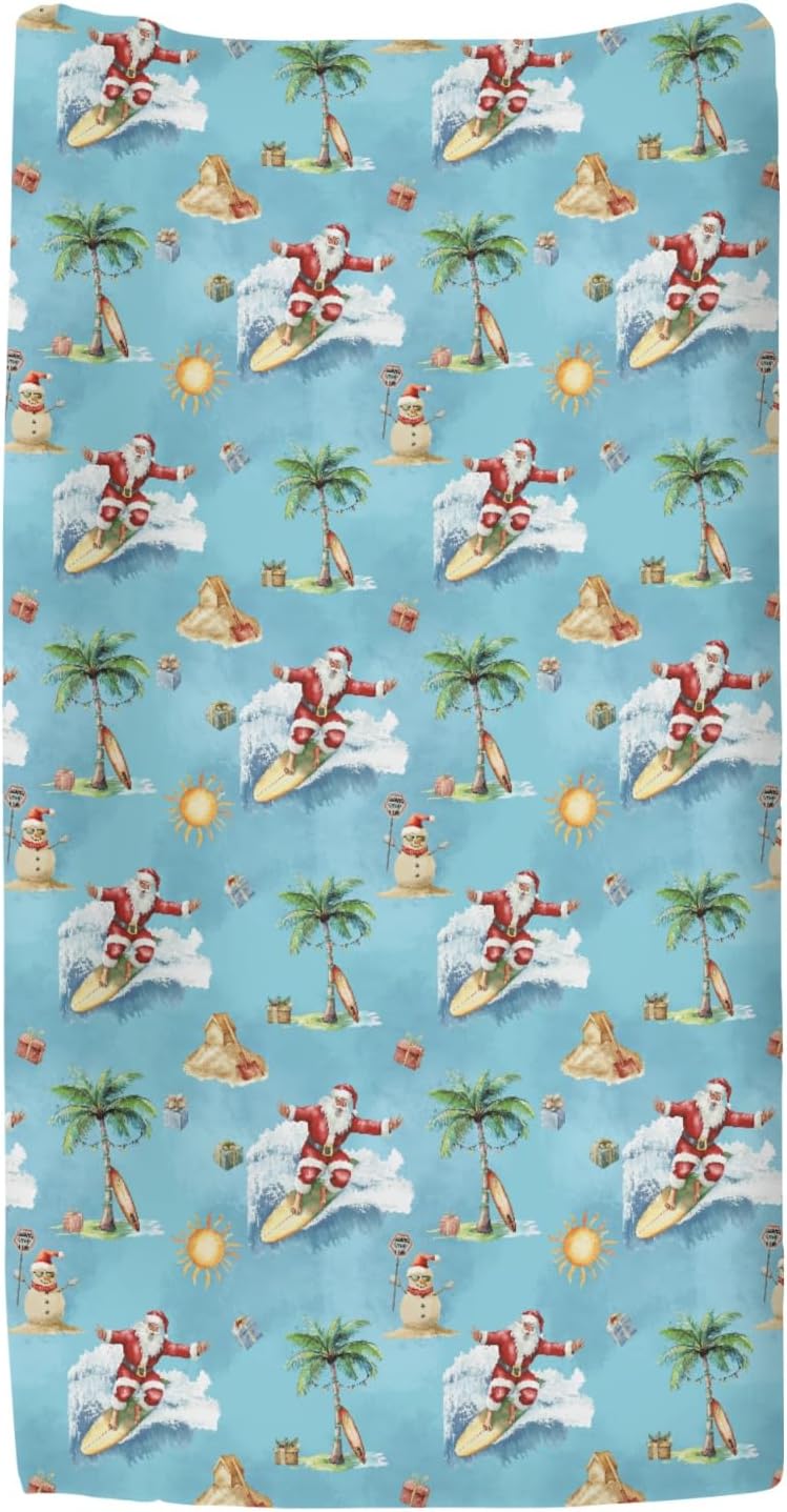 Christmas Surfing Santa Beach Baby Changing Pad Covers for Boy Girl Summer Santa Surfboard Palm Tree Gifts Fitted Changing Table Mats Winter Holiday Festive Soft Diaper Change Table Sheets 32''×16''