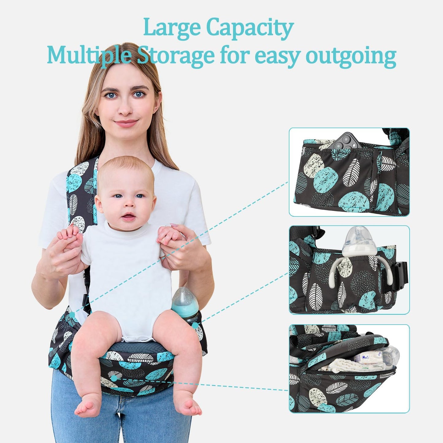 Baby Hip Seat Carrier Baby Waist Stool for Child Infant Toddler with Adjustable Strap Buckle Pocket Soft Inner Huge Storage,Black