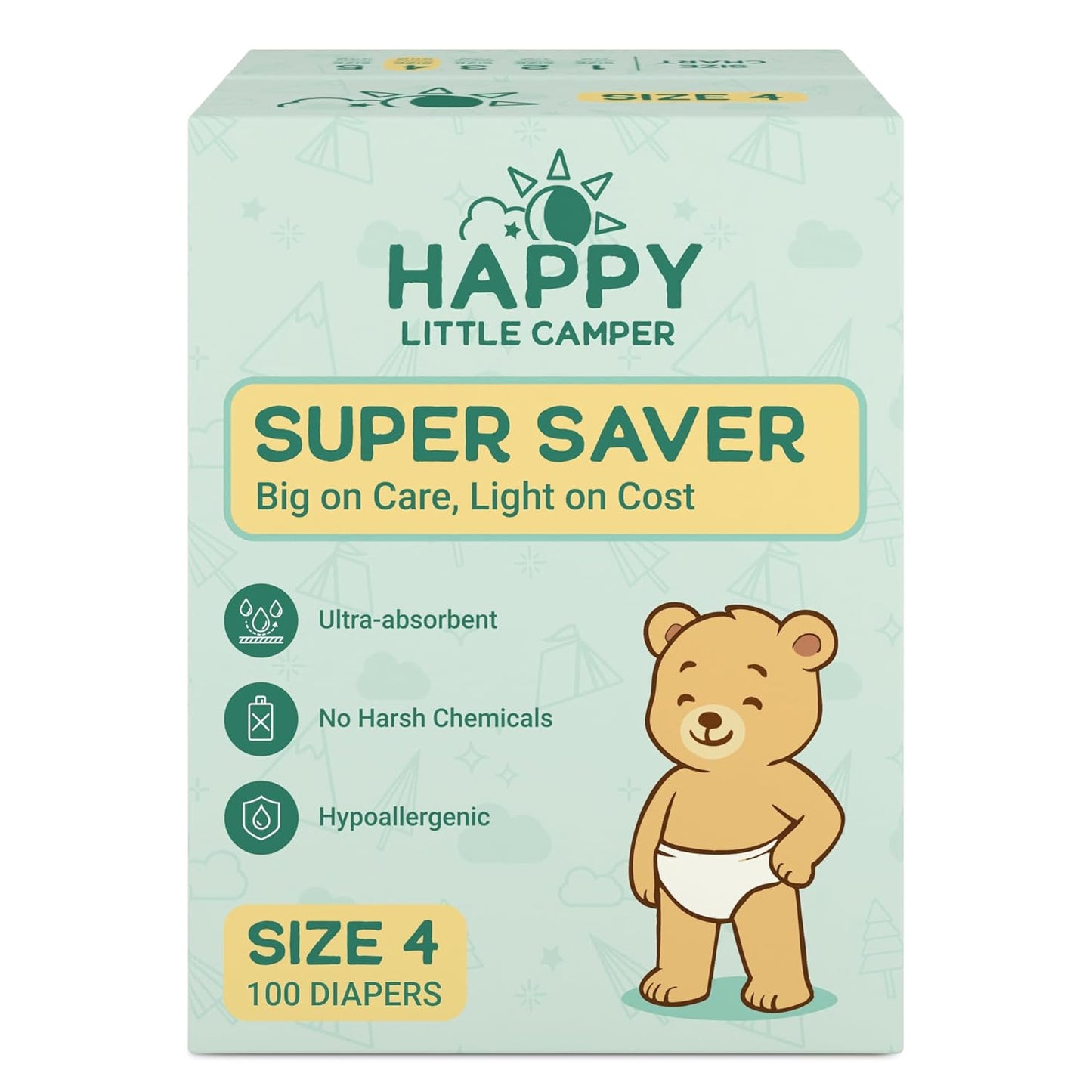 Happy Little Camper Super Saver Diapers, Size 4, 100 Count | Budget-Friendly Disposable Baby Diapers for Sensitive Skin | Hypoallergenic, Fragrance-Free, Ultra Absorbent