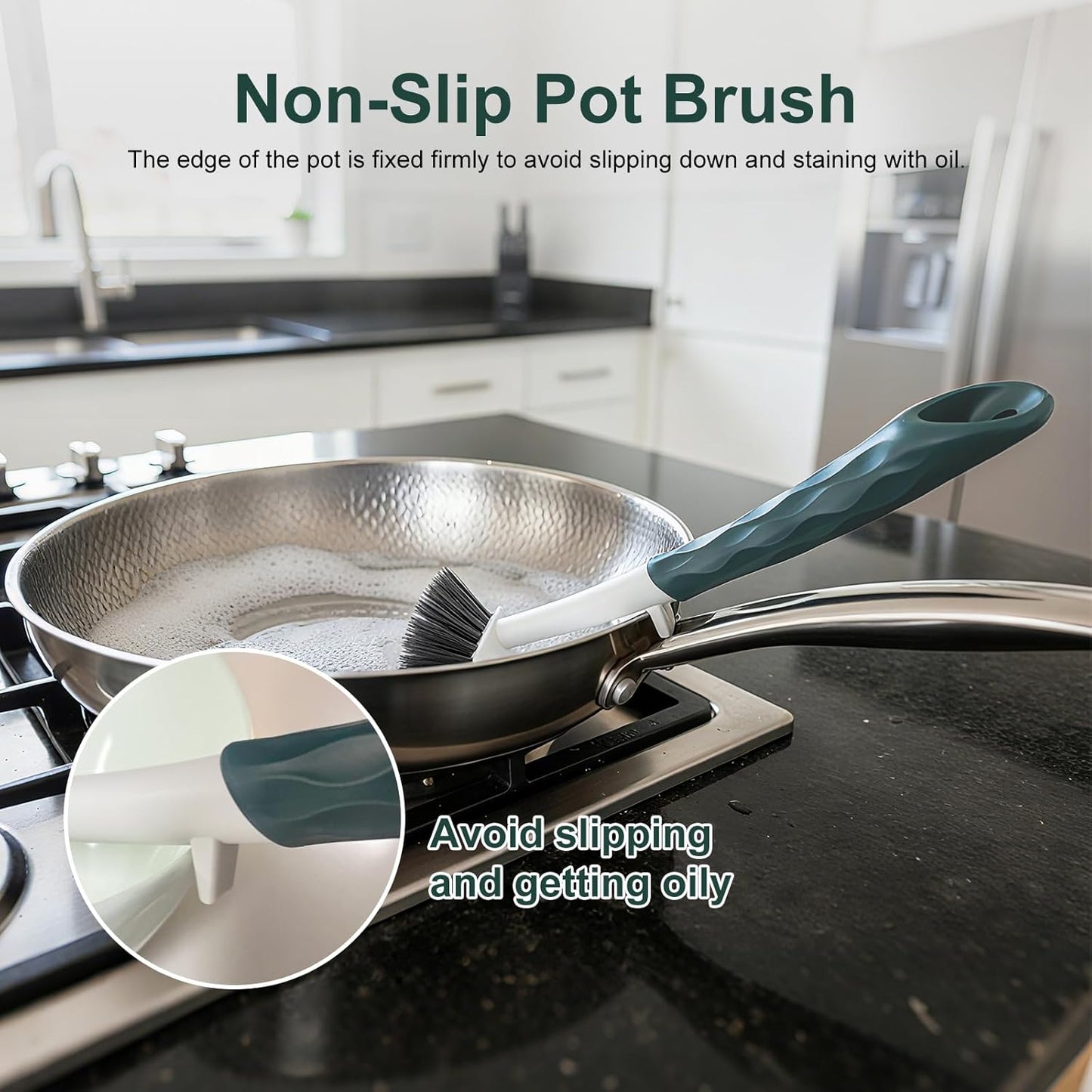 Dish Brush, 2 Pack with Comfortable Handle, with Built-in Scraper, Scrub Brush with Stiff Bristles for Cleaning Dishes, Sink, Pots(Green)