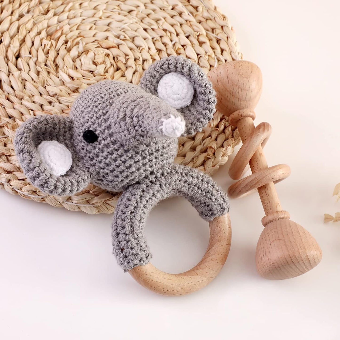 Wooden Baby Rattle Crochet Elephant and Wooden Rattle Baby Toys Set 2pcs Handmade Newborn Toy Early Development Grips Stuffed Animal Organic Rattle (Elephant Set)
