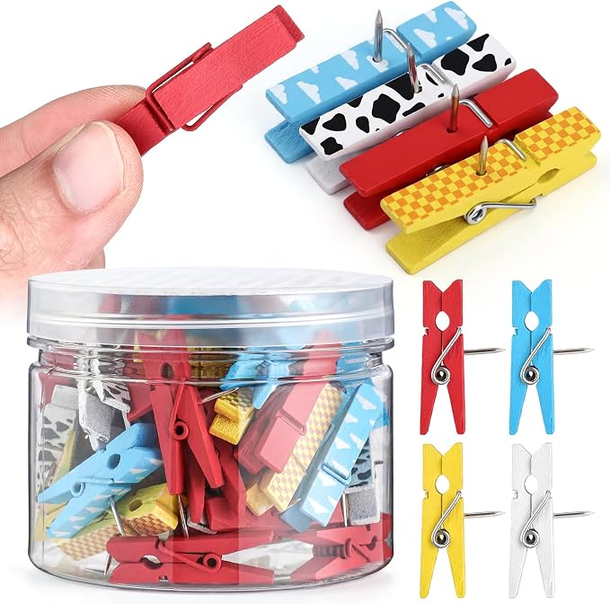 LemonRoad 60 Pcs Push Pin with Wooden Clips Teacher Cork Board Artworks