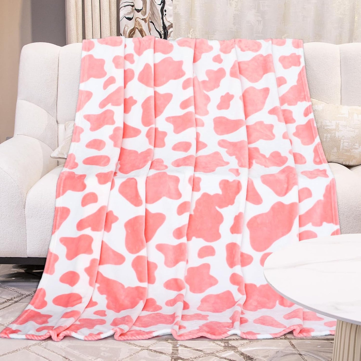 Pink Twin Fleece Blanket - Cozy Fuzzy Lightweight Cow Print Fleece Throw for Bed, Sofa, Room Decor -Soft Cow Gifts for Girls 60"x80"