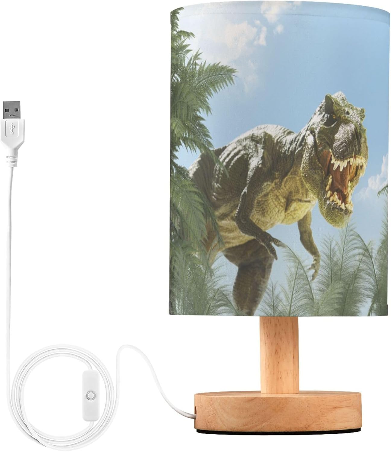 Table Lamp Dinosaur in Jungle Forest Nightstand Lamp with Wood Base Fabric Lamp Shade Bedside Desk Lamp for Living Room Bedroom Kids Room Office