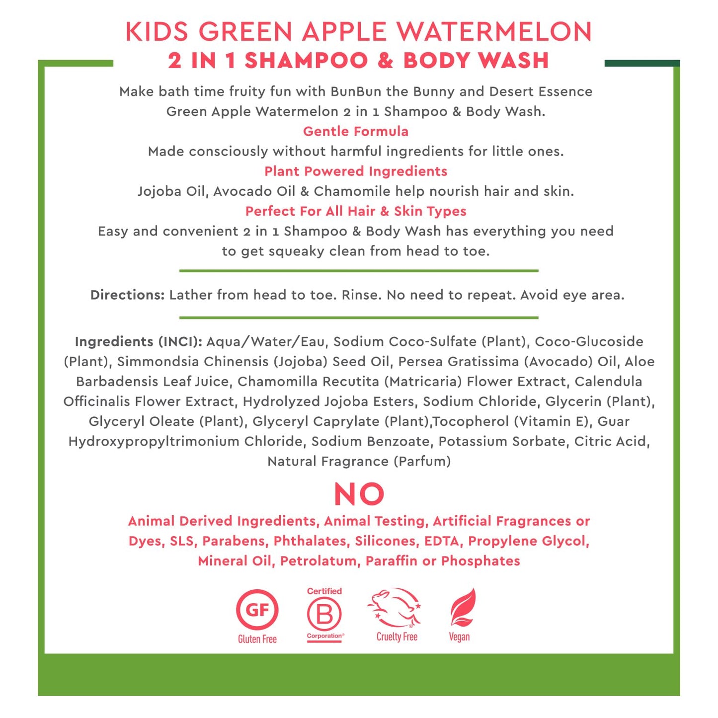 Desert Essence Kids 2-in-1 Shampoo & Body Wash 12.0 fl oz - Vegan, Gluten-Free. Cruelty-Free - Leaves Hair & Skin Nourished - Gentle Formula (Green Apple)